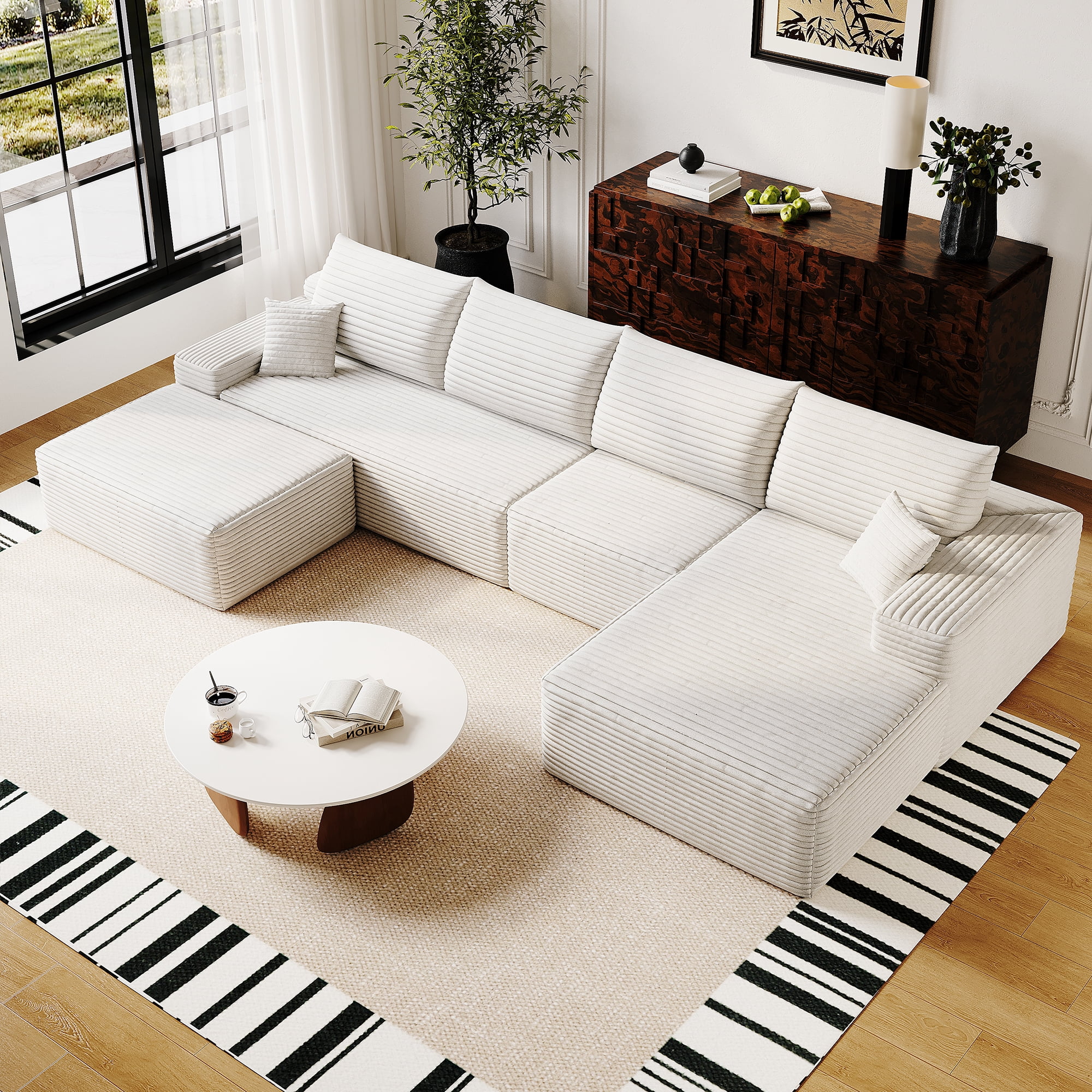 MAYEERTY 135" Cloud Sectional Sofa with 1 Ottoman, Modern Minimalist U-Shaped Deep Seat Couch, No Assembly Plush Corduroy Fabric, White (4 packages)