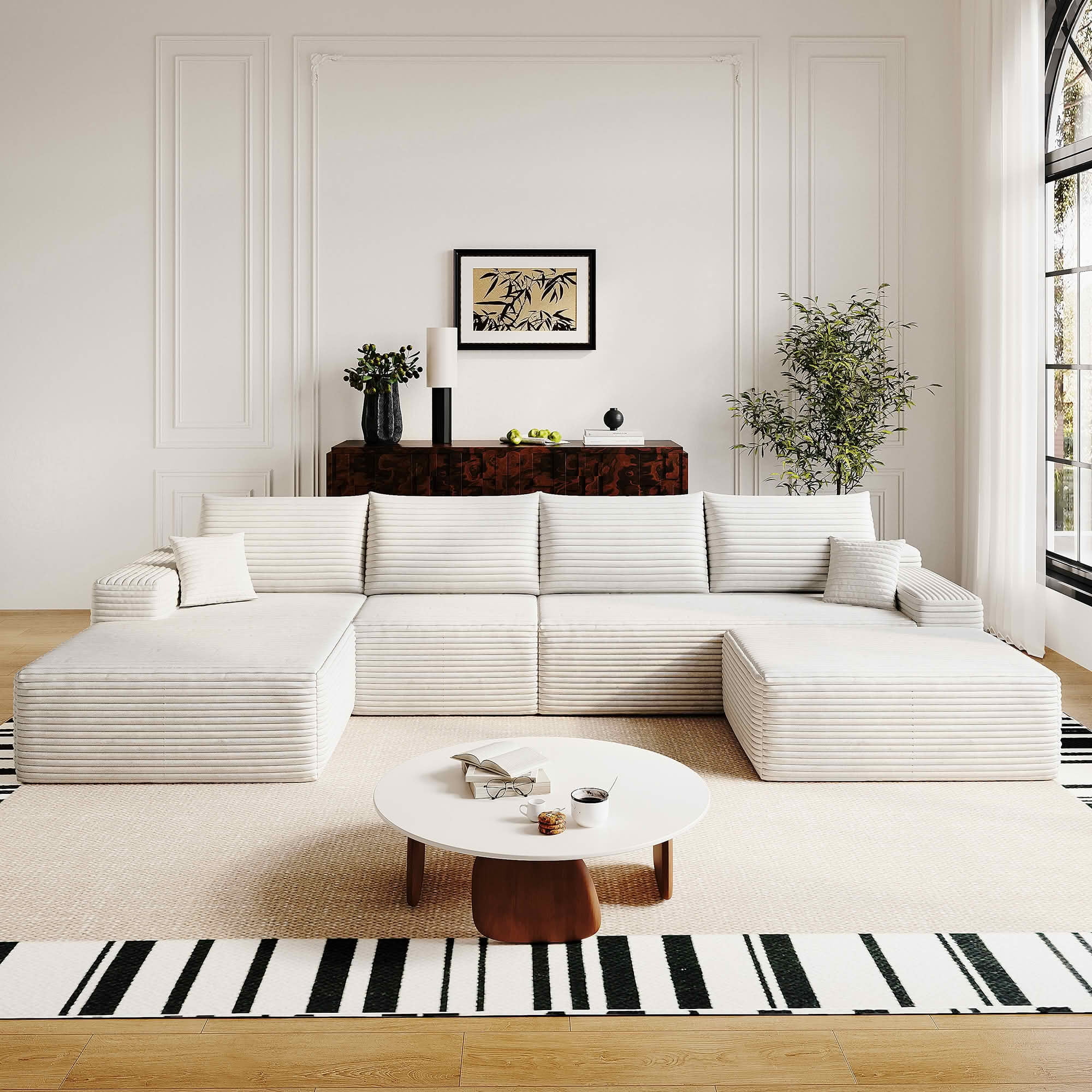 MAYEERTY 135" Cloud Sectional Sofa with Ottoman, U Shaped Deep Seat Couch, Plush Corduroy Fabric, No Assembly Required, Black&White