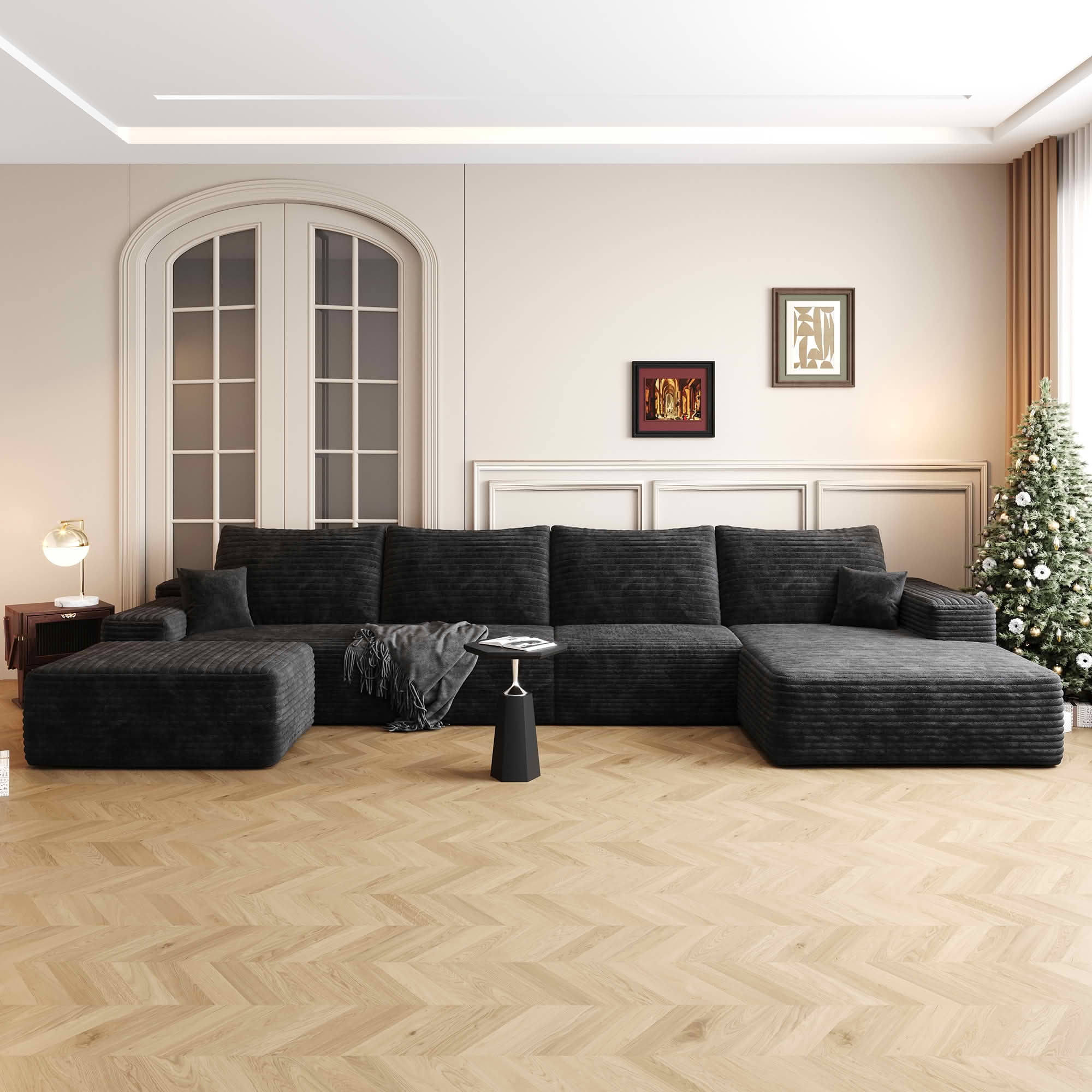 MAYEERTY 135" Cloud Sectional Sofa with Ottoman, U Shaped Deep Seat Couch, Plush Corduroy Fabric, No Assembly Required, Black