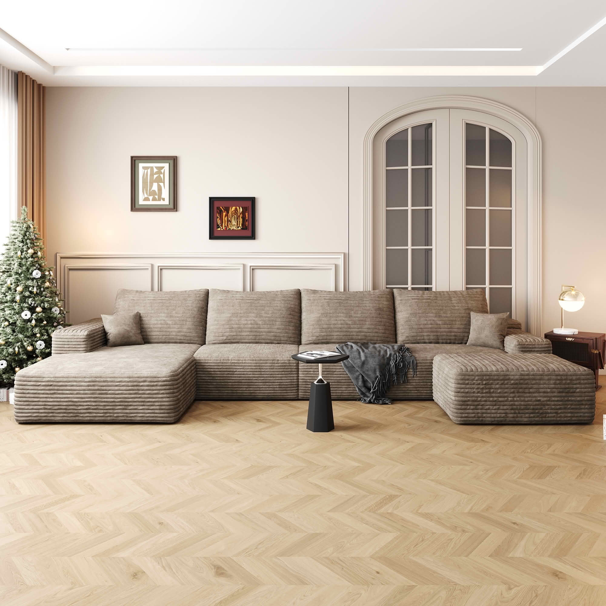 MAYEERTY 135" Cloud Sectional Sofa with Ottoman, U Shaped Deep Seat Couch, Plush Corduroy Fabric, No Assembly Required, Camel