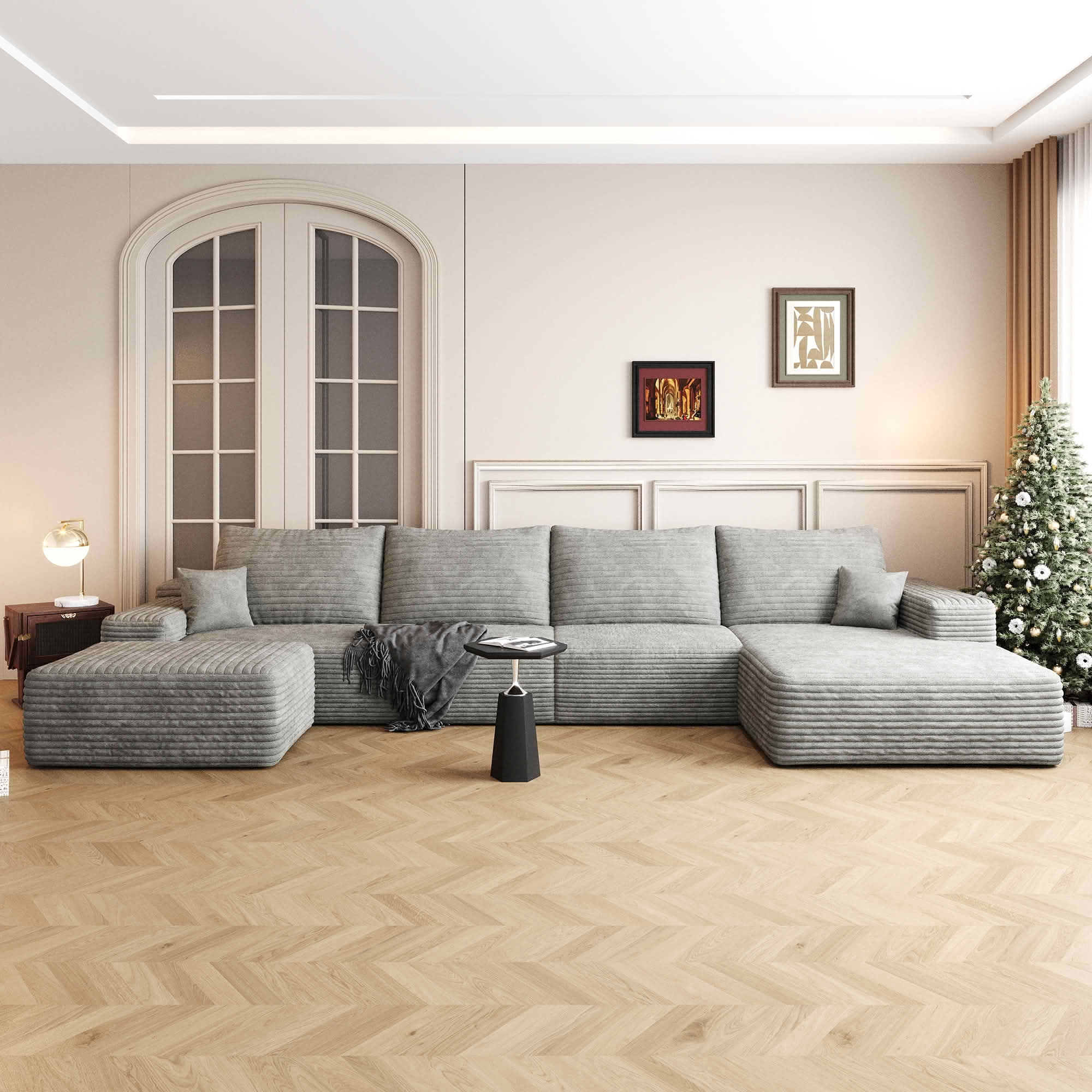 MAYEERTY 135" Cloud Sectional Sofa with Ottoman, U Shaped Deep Seat Couch, Plush Corduroy Fabric, No Assembly Required, Gray