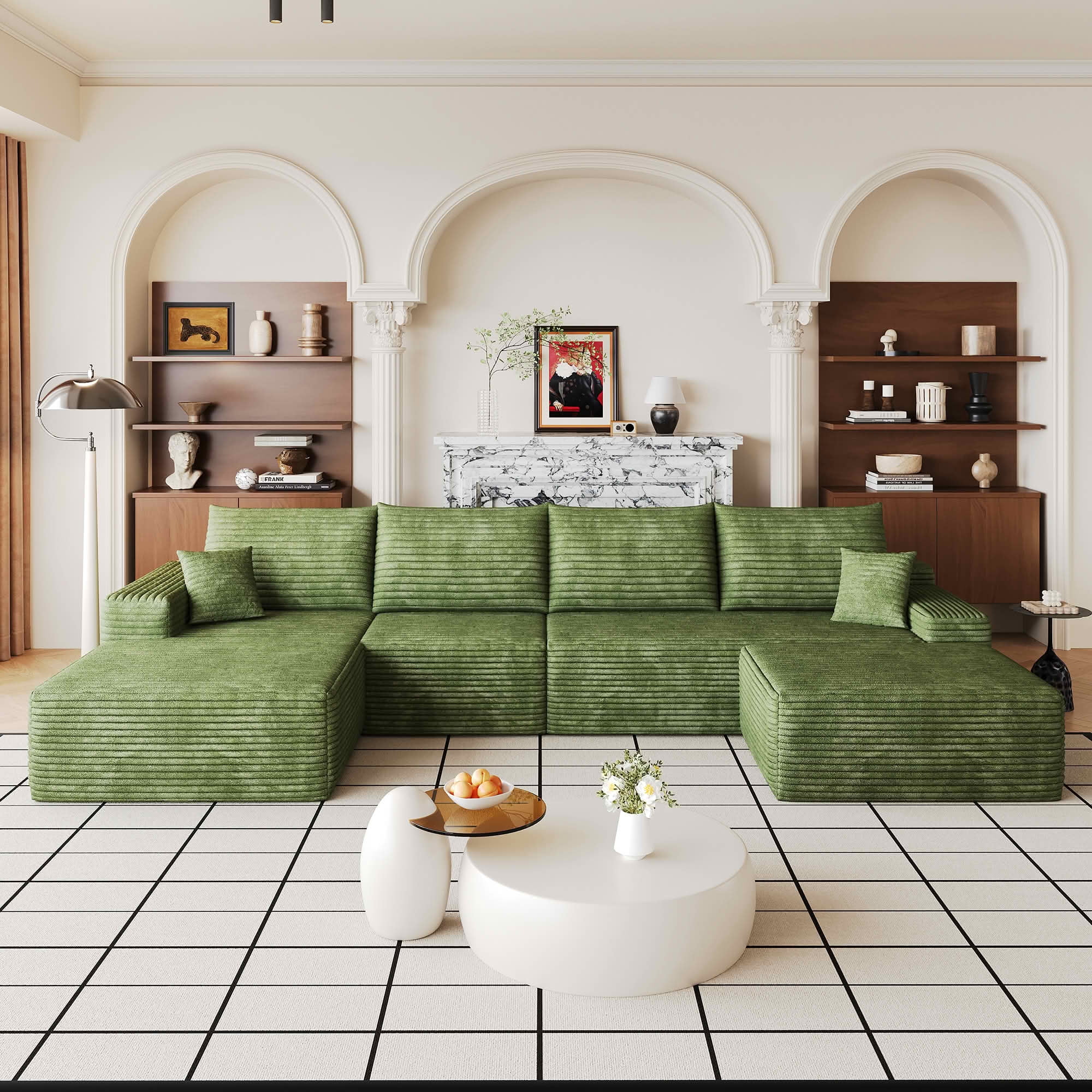 MAYEERTY 135" Cloud U-Shaped Sectional Sofa with 1 Ottoman, Plush Corduroy Deep Seat Modular Couch, No Assembly Minimalist Sofa for Living Room Apartment