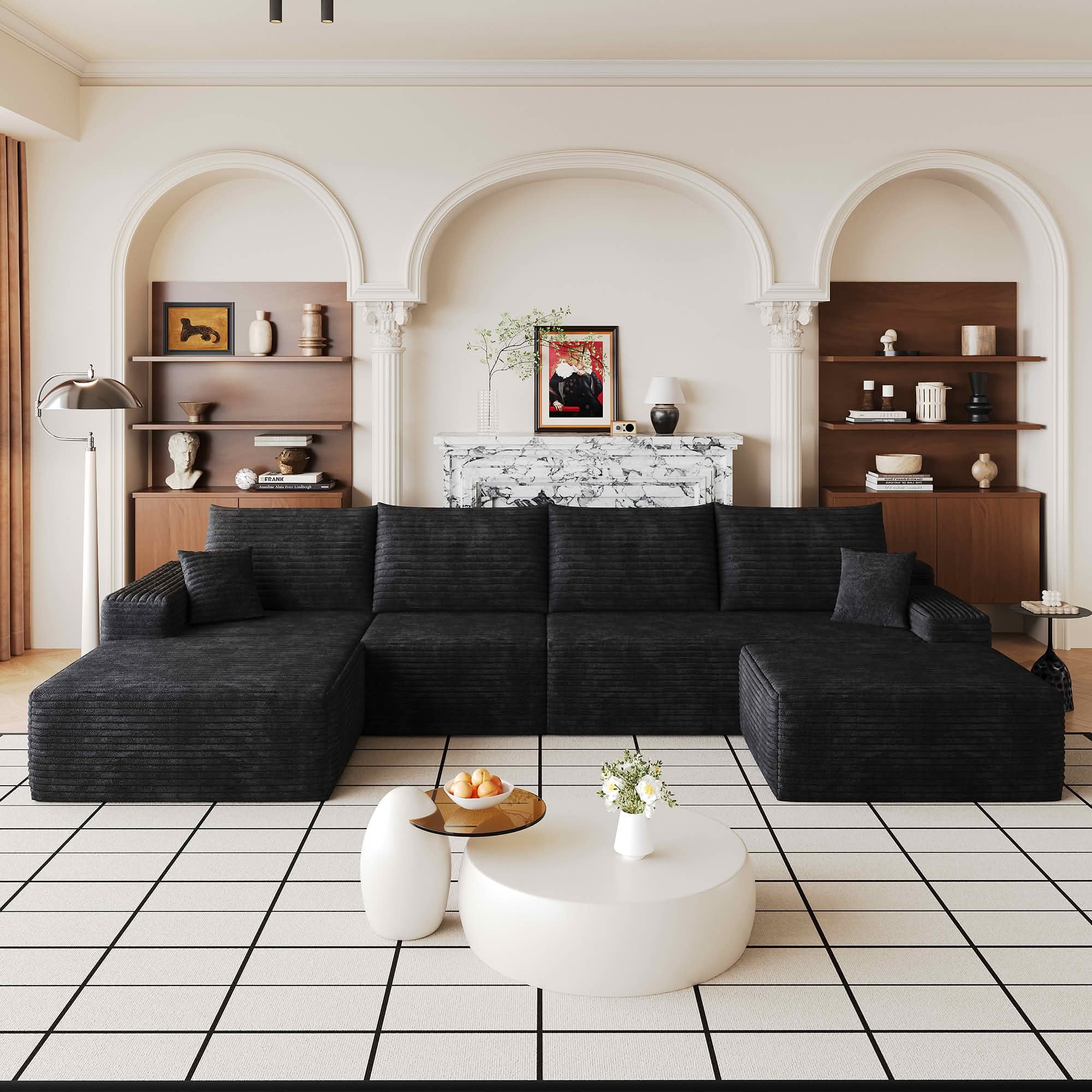 MAYEERTY 135" Cloud U-Shaped Sectional Sofa with 1 Ottoman, Plush Corduroy Deep Seat Modular Couch, No Assembly Minimalist Sofa for Living Room Apartment