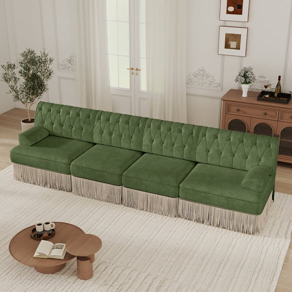 MAYEERTY 135 Inch Chesterfield Sofa, 4-Seater Modular Couch with Tassel, Solid Wood Base for Living Room Home Lounge Space