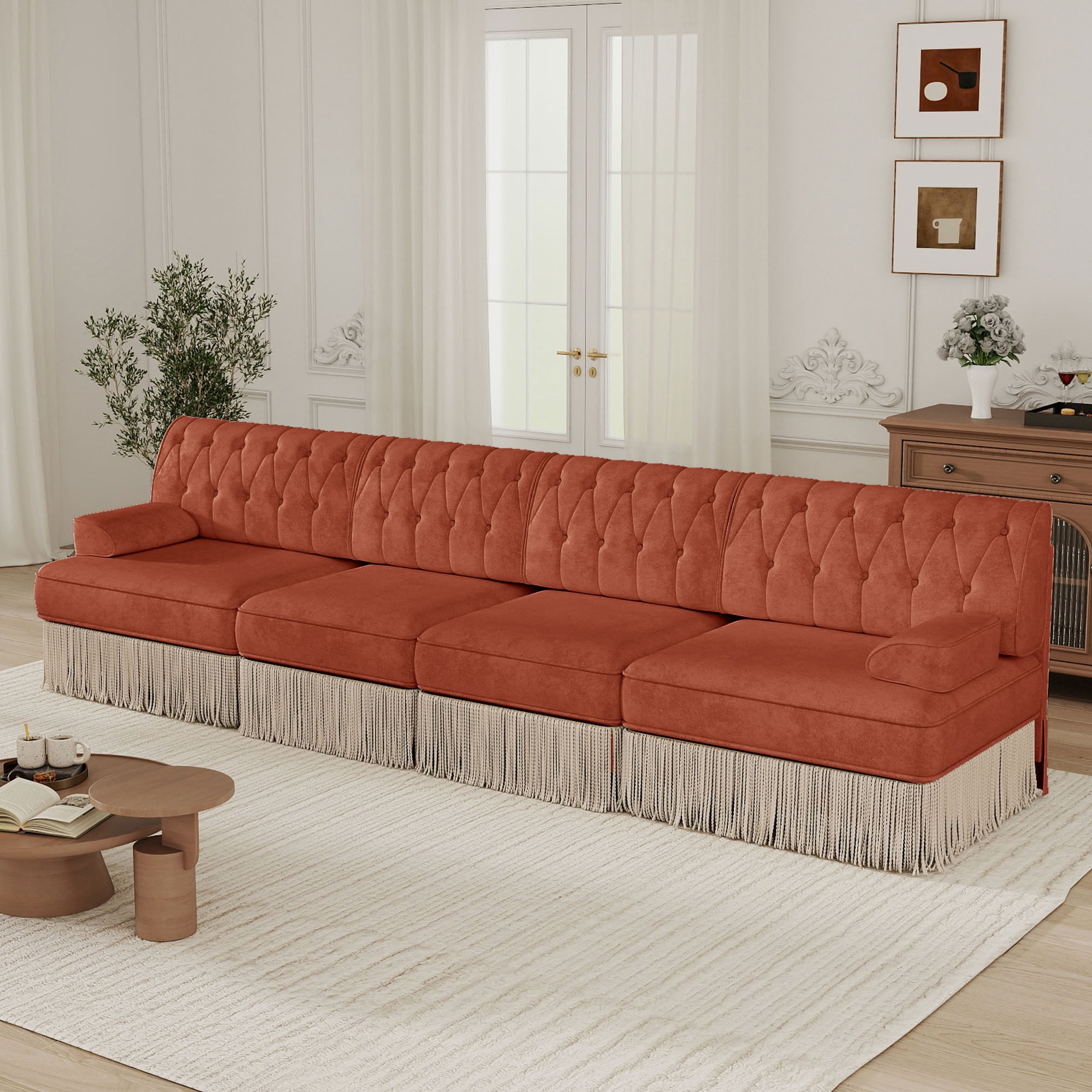 MAYEERTY 135 Inch Chesterfield Sofa, 4-Seater Modular Couch with Tassel, Solid Wood Base for Living Room Home Lounge Space