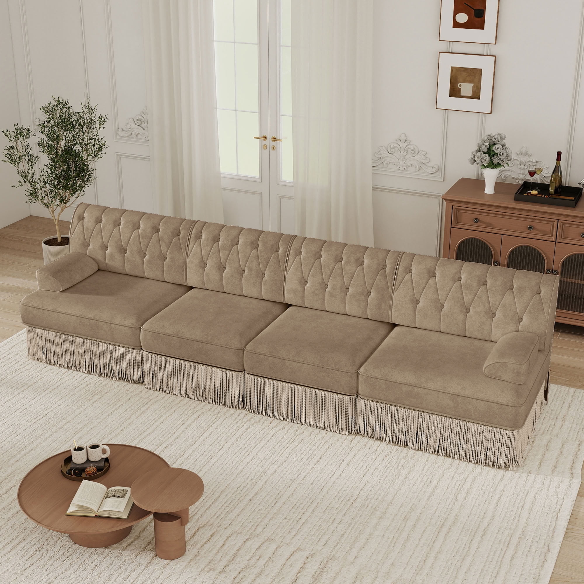 MAYEERTY 135 Inch Chesterfield Sofa, 4-Seater Modular Couch with Tassel, Solid Wood Base for Living Room Home Lounge Space