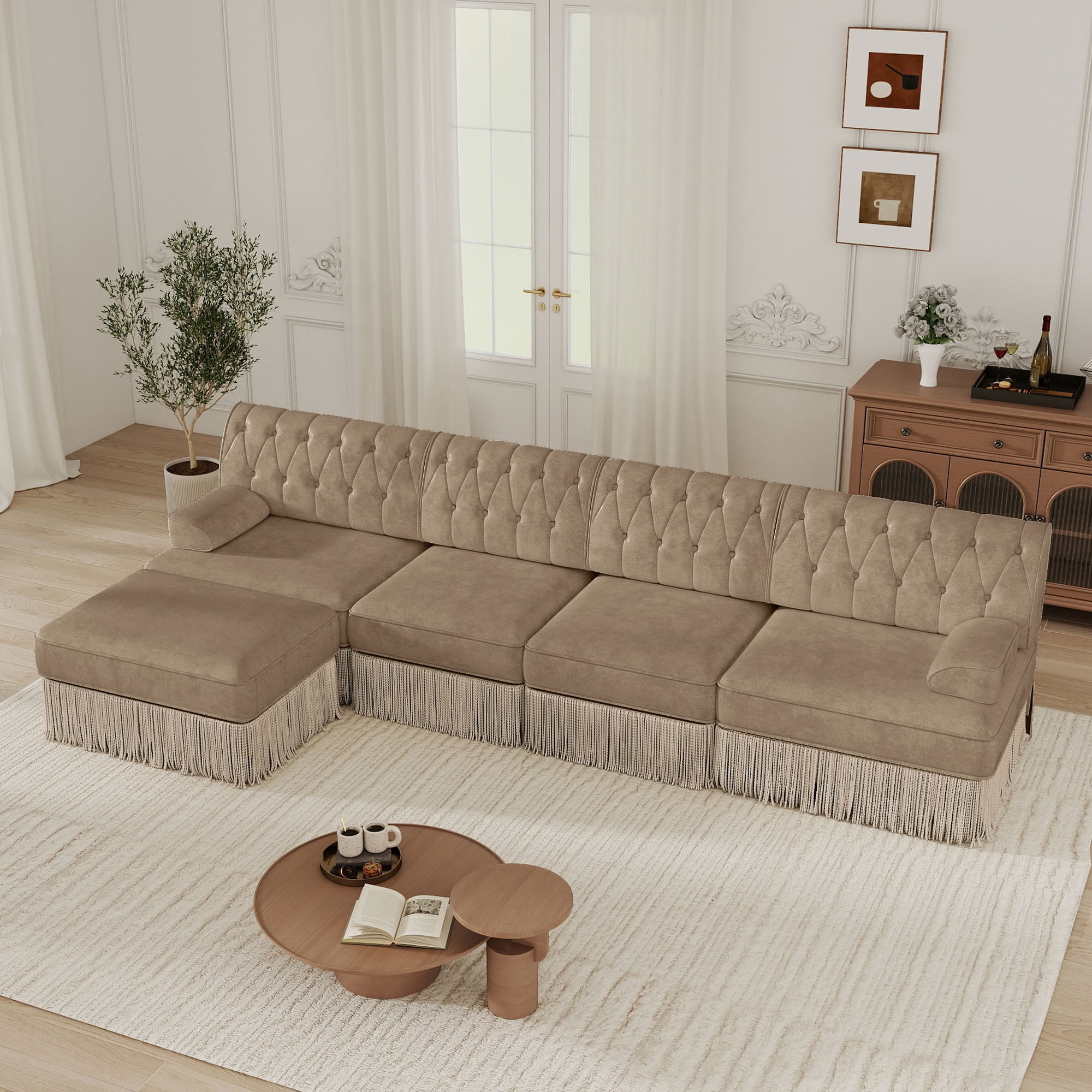 MAYEERTY 135 Inch L-Shaped Sectional Sofa, Pet Friendly Chesterfield Modular Couch with Ottoman, Wooden Base for Living Room Bedroom Rest Area