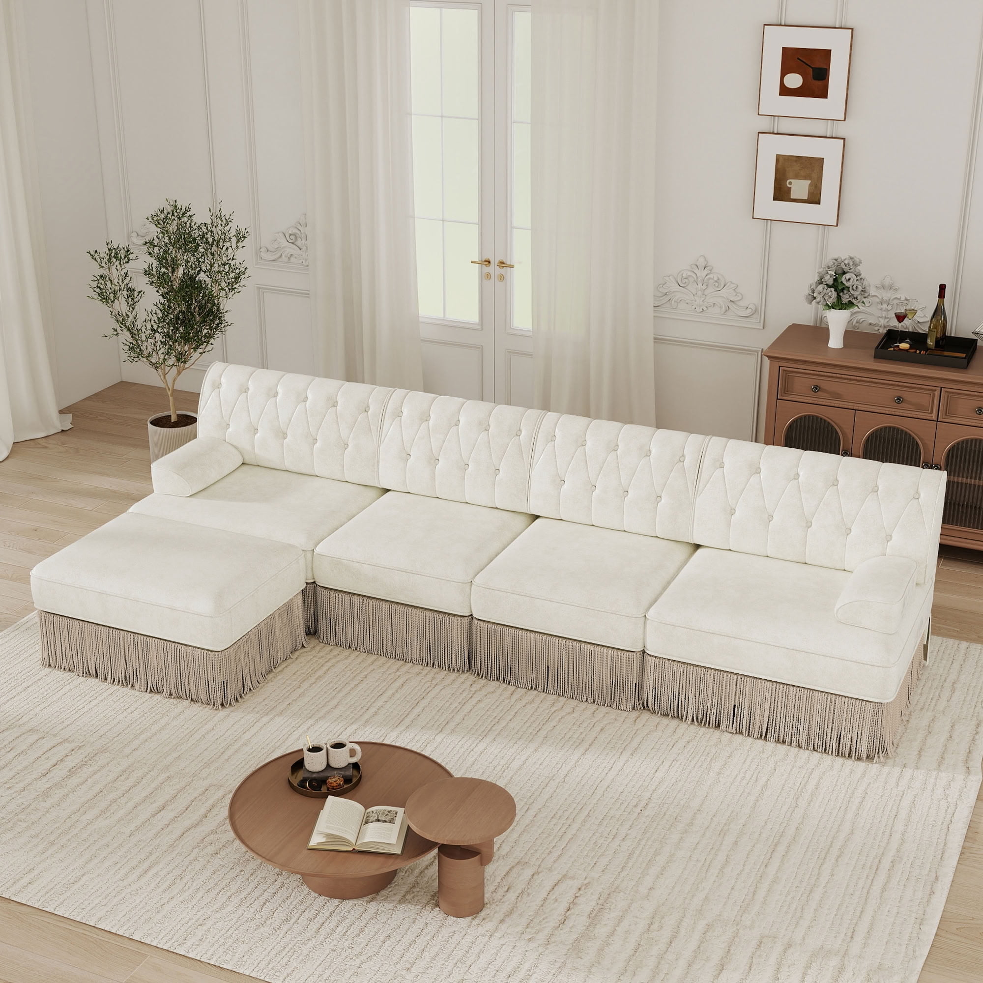 MAYEERTY 135 Inch L-Shaped Sectional Sofa, Pet Friendly Chesterfield Modular Couch with Ottoman, for Living Room Bedroom Rest Area