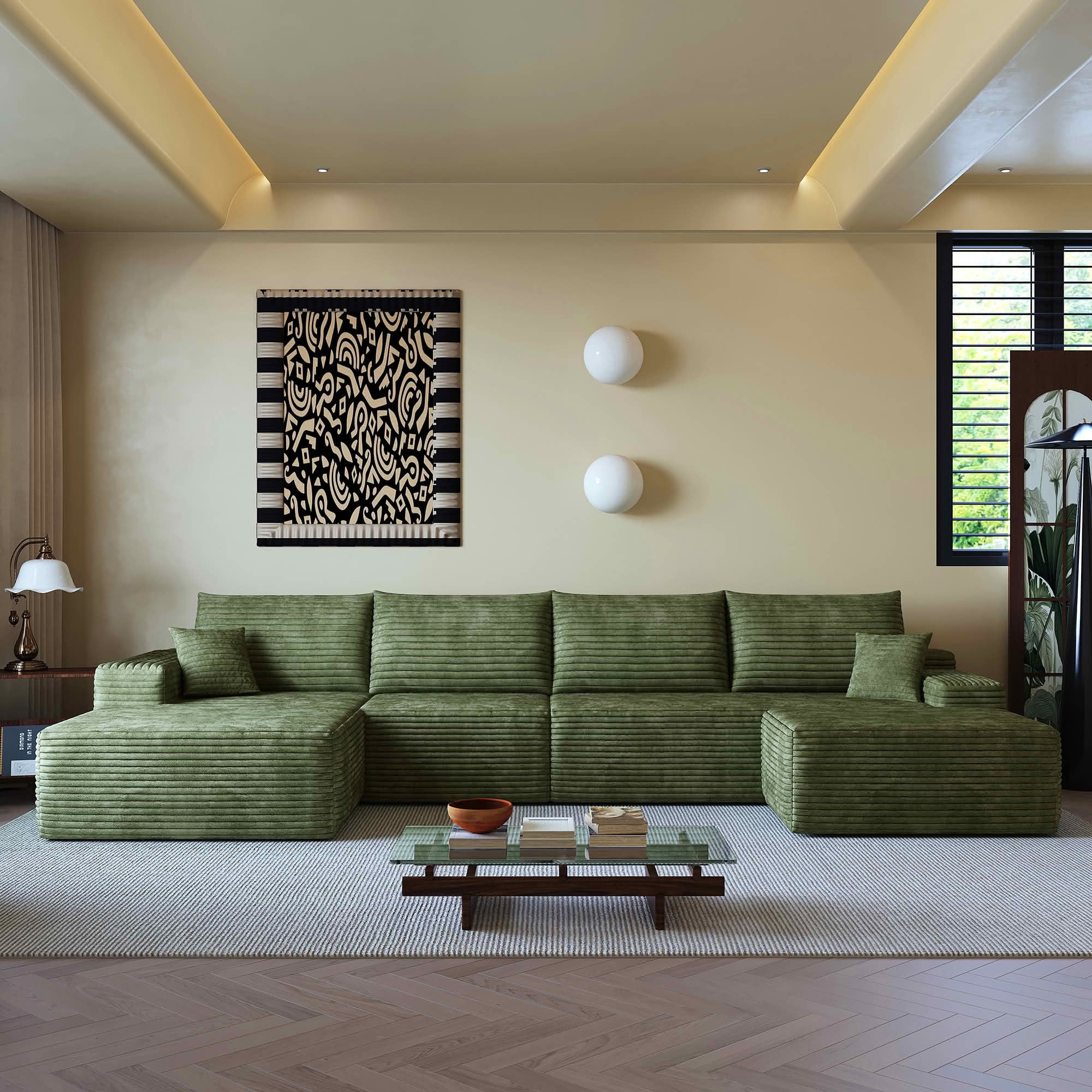 MAYEERTY 135 Inch U‑Shaped Cloud Modular Sectional Sofa with 1 Ottoman, Modern Deep‑Seat Corner Couch, Plush Corduroy Reversible Sofa, No‑Assembly for Living Room Bedroom Apartment