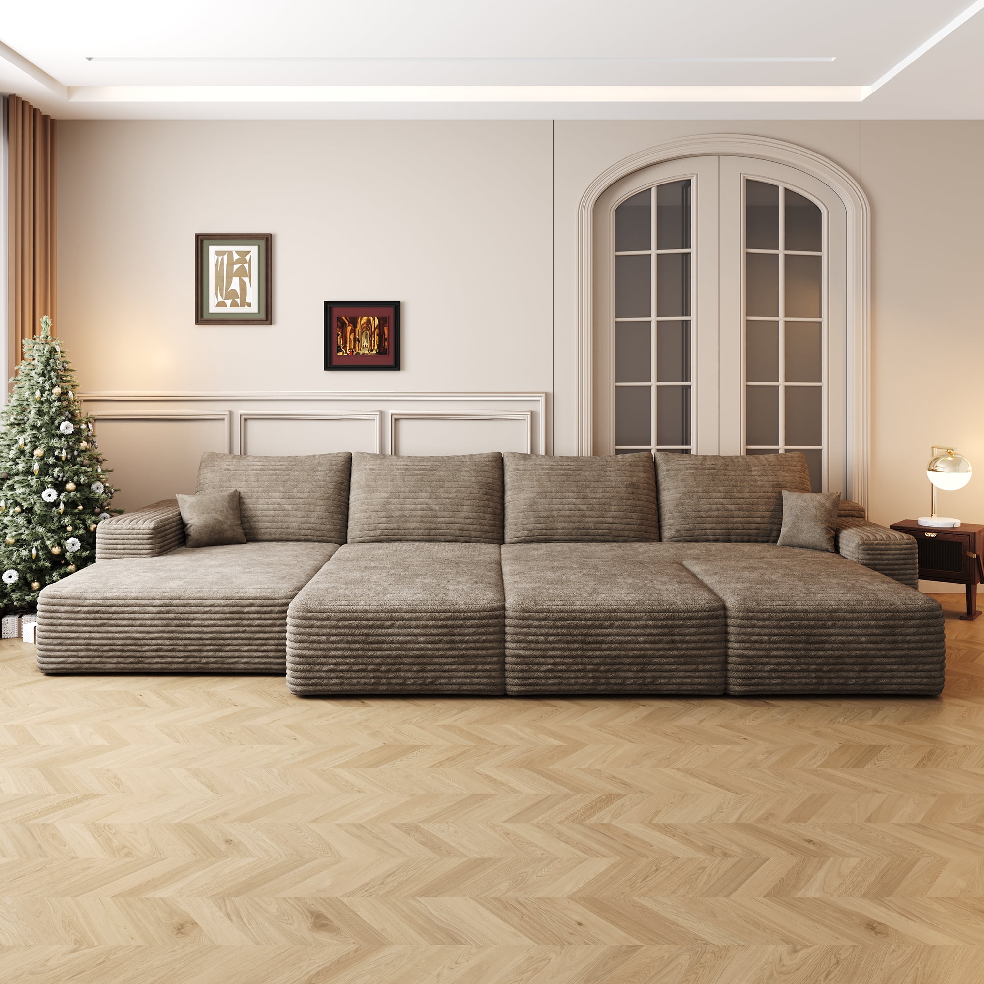 MAYEERTY 135" Large Modular Cloud Sofa Bed, 6-Seater Living Room Sofa, No Assembly Plush Corduroy Fabric, Camel (6 packages)