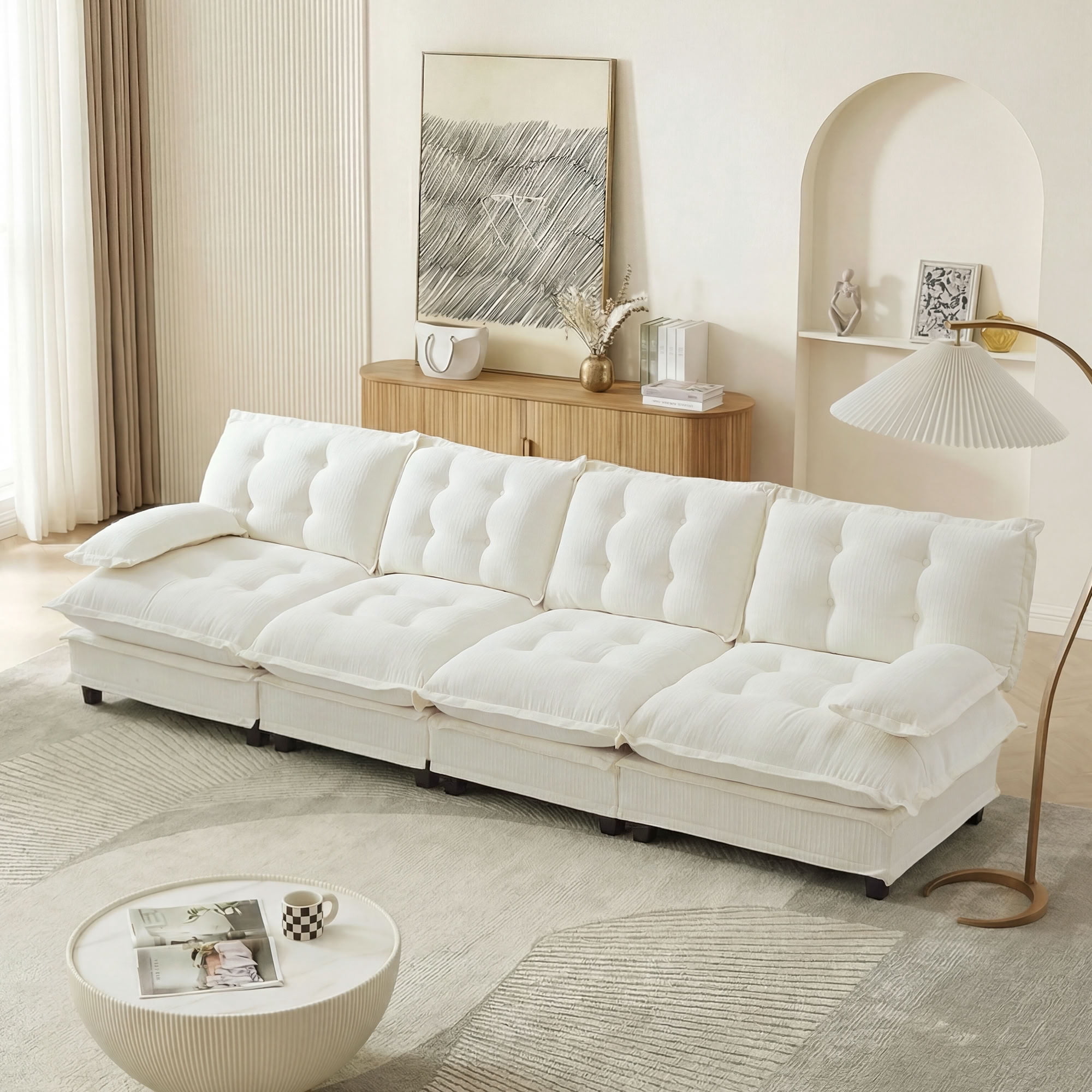 MAYEERTY 138 Inch Cloud Sectional Sofa, 4-Seater Chenille Modular Couch, Solid Wood & Metal Frame for Living Room Home Apartment