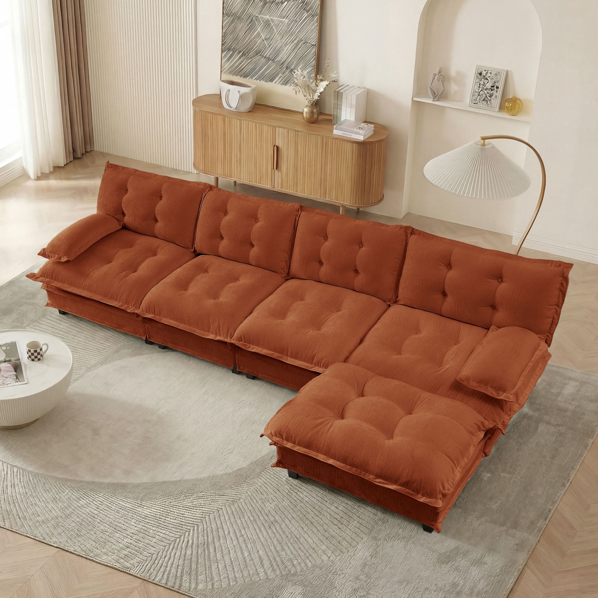 MAYEERTY 138 Inch L-Shaped Sectional Sofa with Ottoman, 4-Seater Deep Seat Modular Couch for Living Room Bedroom Apartment