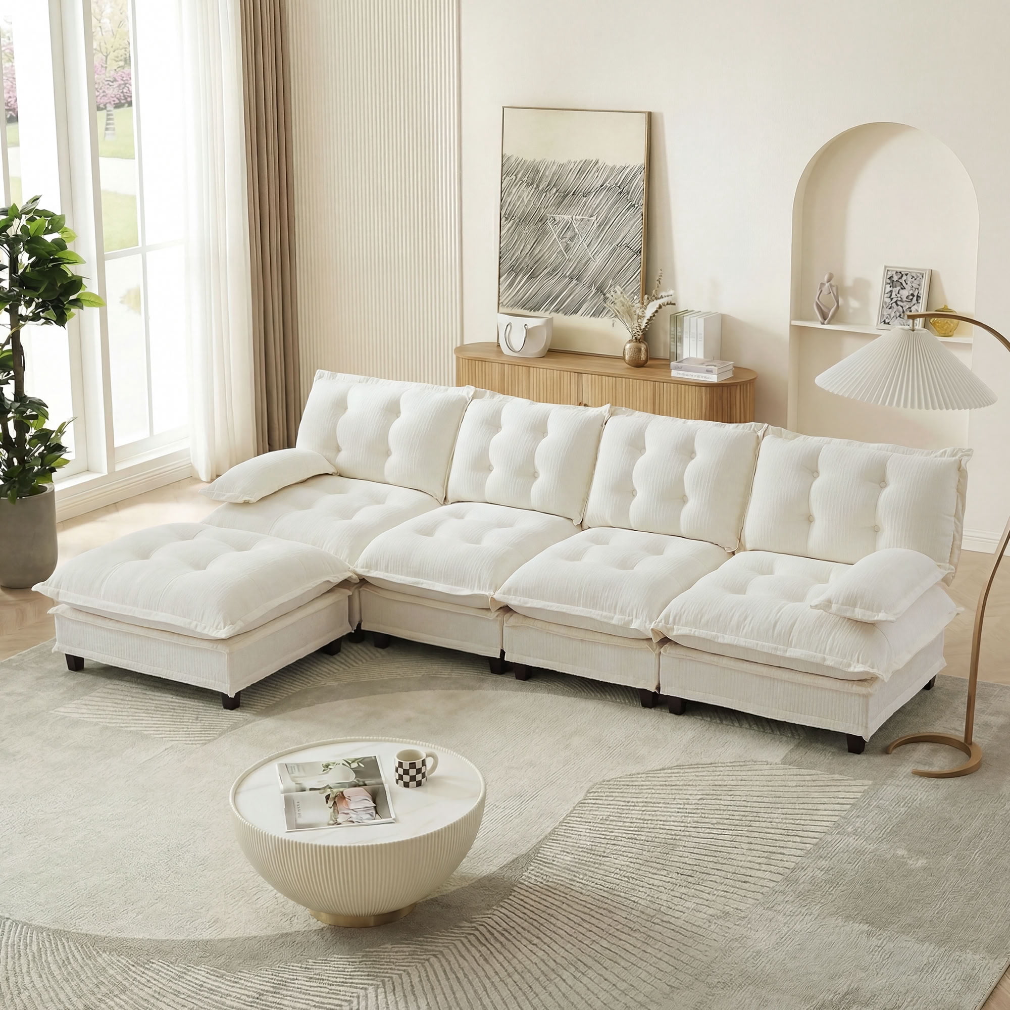 MAYEERTY 138 Inch L-Shaped Sectional Sofa with Ottoman, 4-Seater Deep Seat Modular Couch for Living Room Bedroom Apartment