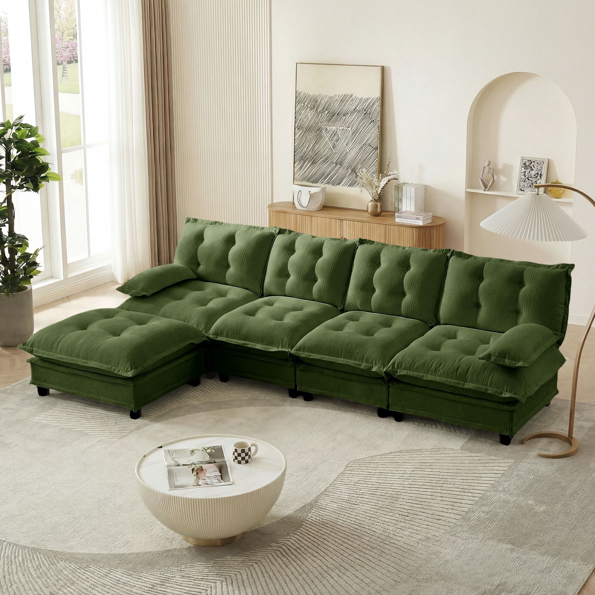 MAYEERTY 138 Inch L-Shaped Sectional Sofa with Ottoman, 4-Seater Deep Seat Modular Couch for Living Room Bedroom Apartment