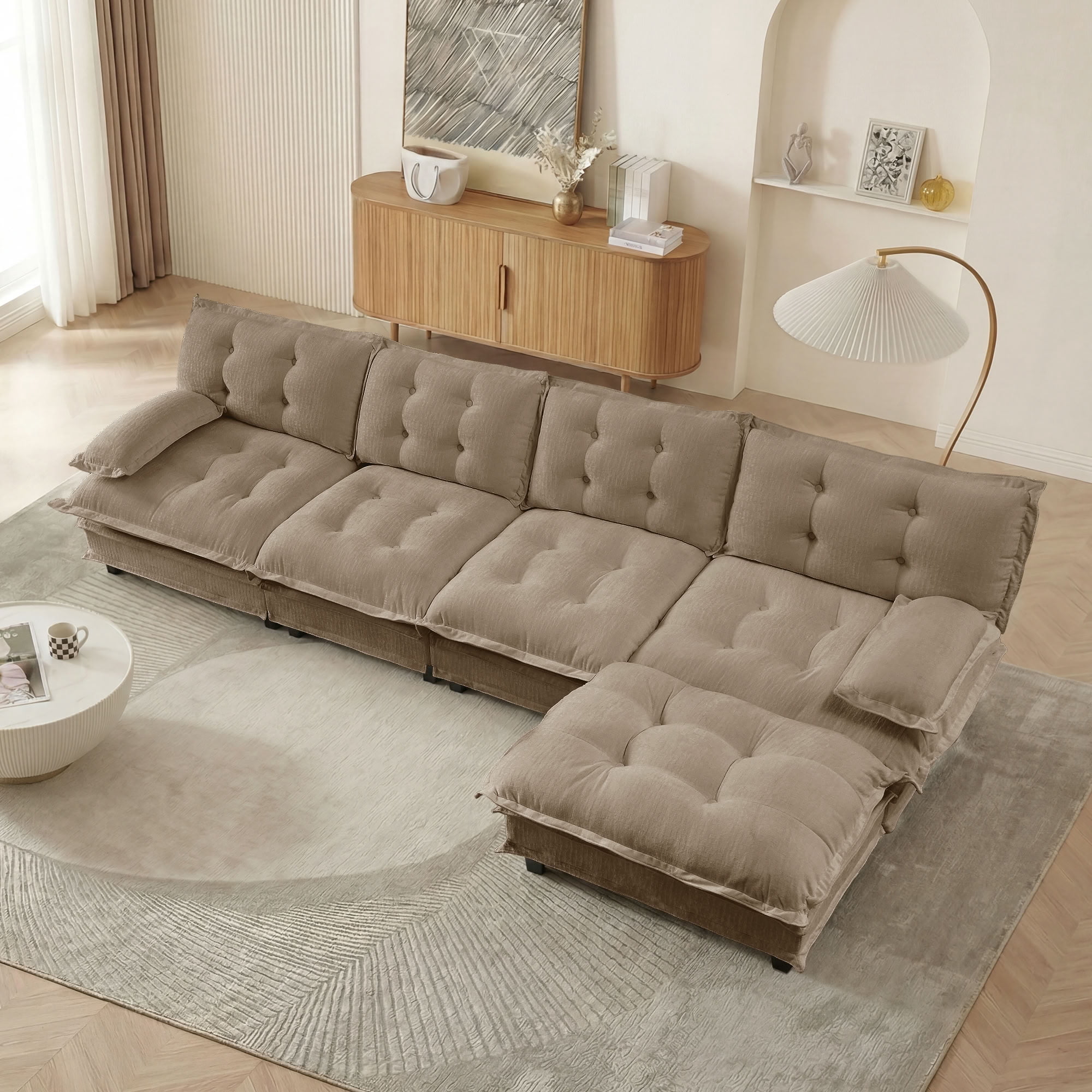 MAYEERTY 138 Inch L-Shaped Sectional Sofa with Ottoman, 4-Seater Deep Seat Modular Couch for Living Room Bedroom Apartment