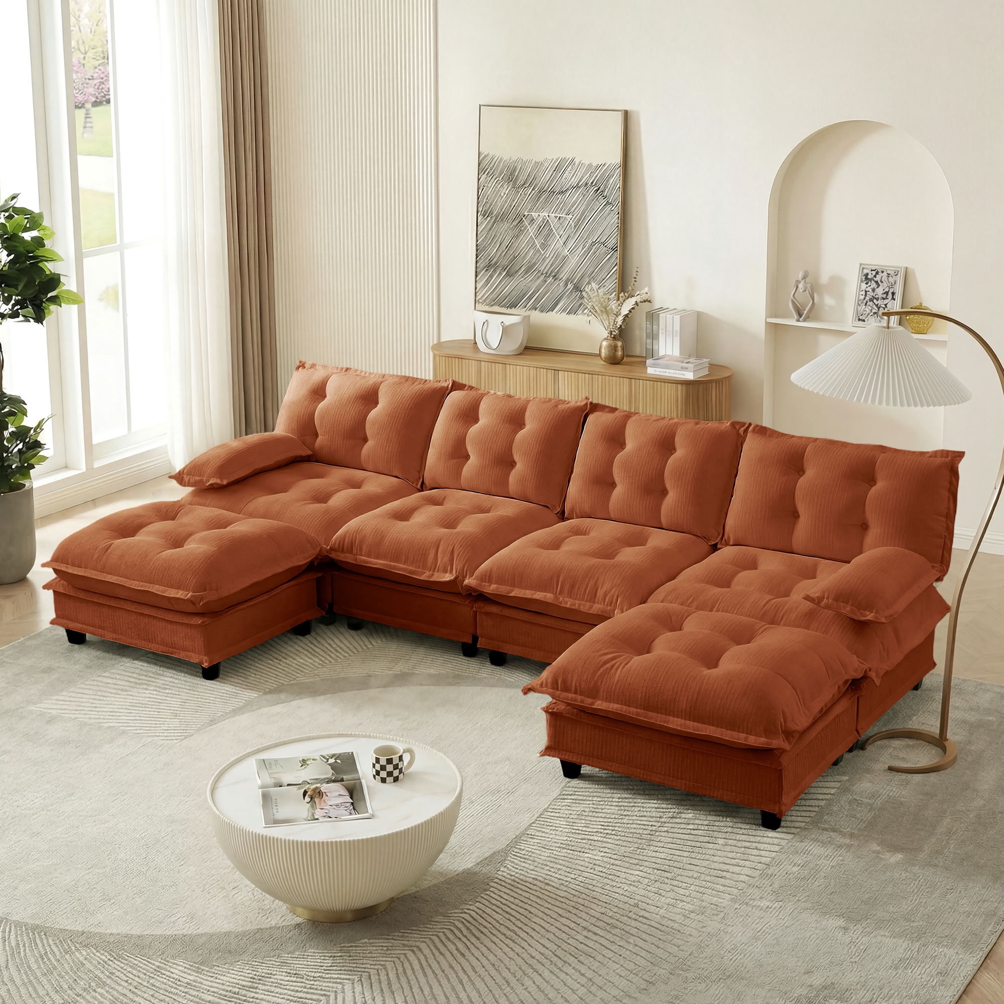 MAYEERTY 138 Inch Modular Sectional Sofa with 2 Ottomans, U-Shaped 4-Seater Chenille Couch for Living Room Bedroom Apartment