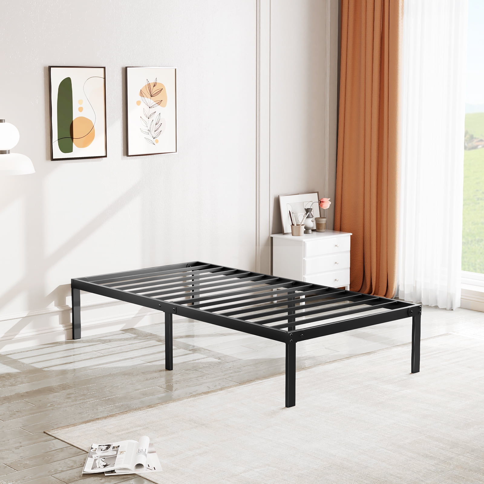 MAYEERTY 14" Twin Metal Bed Frame - Heavy Duty, Underbed Storage, No Box Spring, Black​