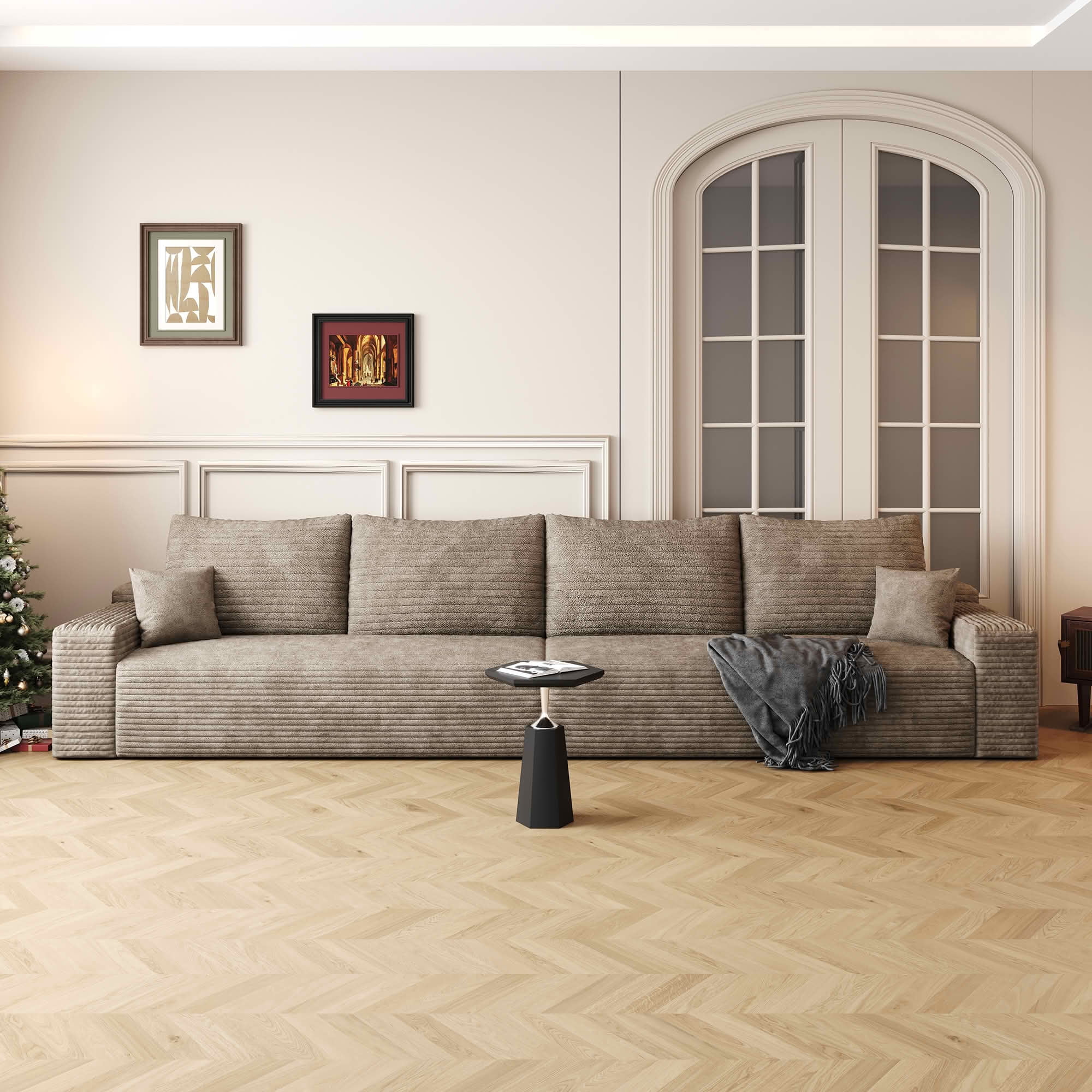 MAYEERTY 140" Cloud Sectional Couch, Deep Seat Modular Sofa, Plush Corduroy Fabric, No Assembly Required, Camel
