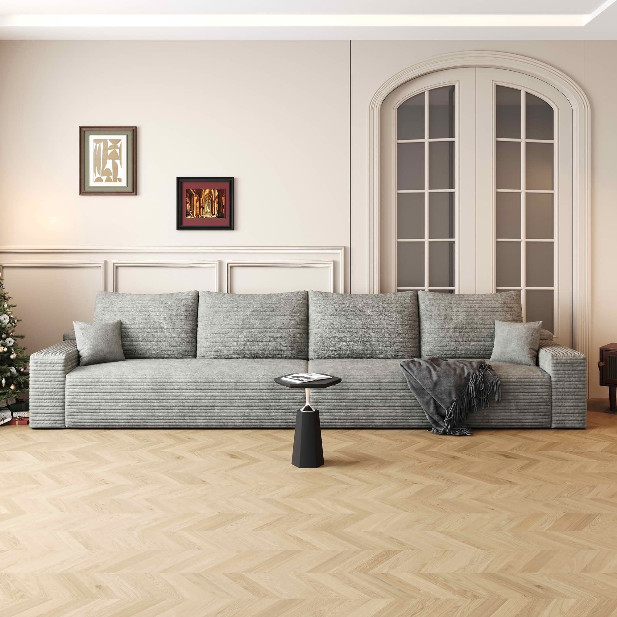 MAYEERTY 140" Cloud Sectional Couch, Deep Seat Modular Sofa, Plush Corduroy Fabric, No Assembly Required, Gray