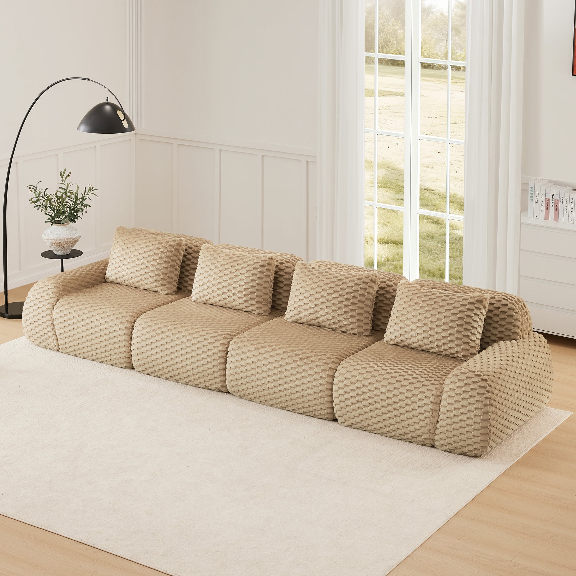 MAYEERTY 146" 4-Seater Modular Sofa, Textured Flannelette, Boneless Deep Seat, Anti-Slip, No Assembly, Light Camel