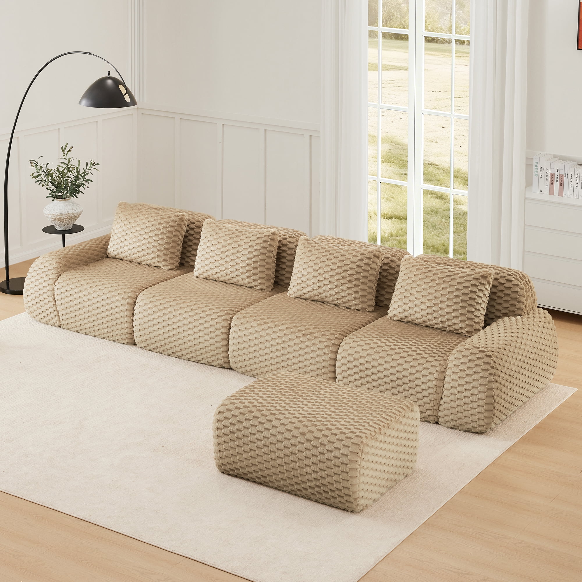 MAYEERTY 146" L-Shaped 4-Seater Modular Sofa, Textured Flannelette, Movable Ottoman, Boneless, No Assembly, Light Camel