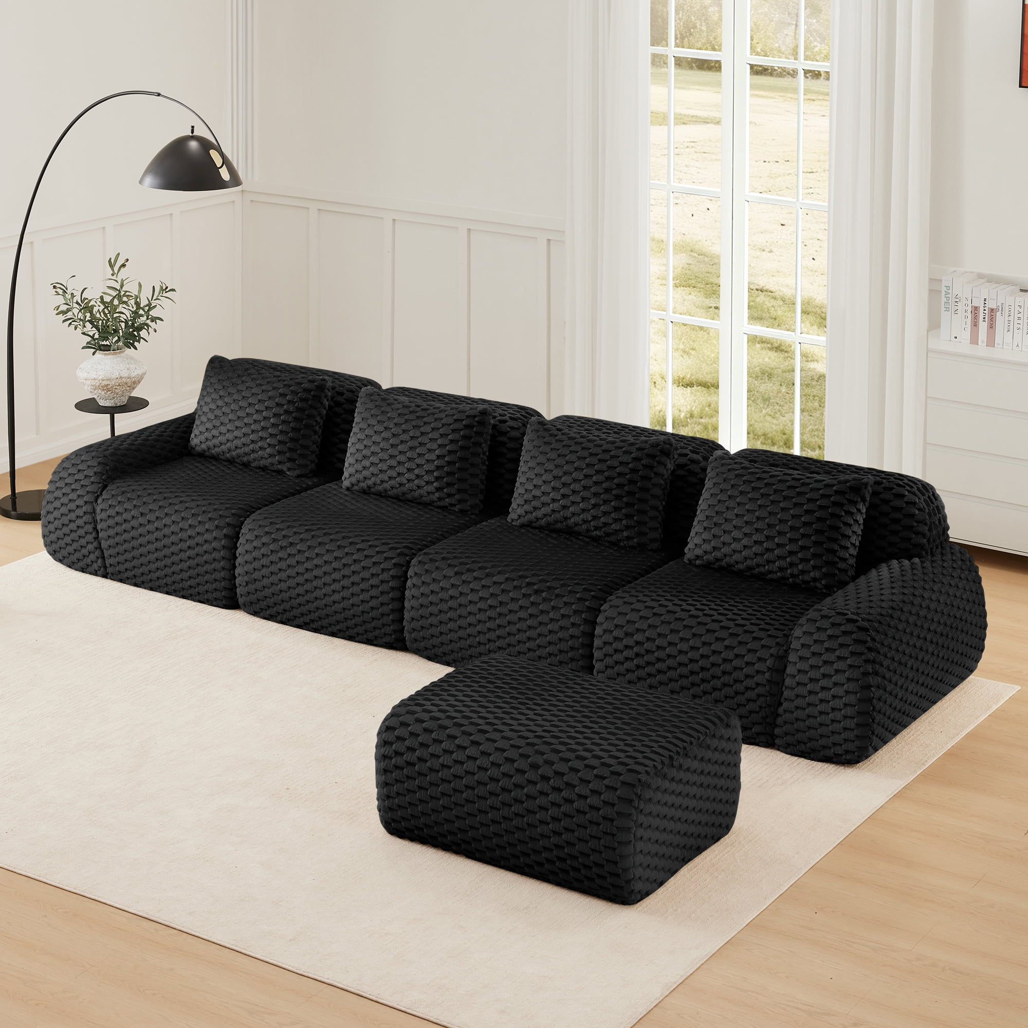MAYEERTY 146" L-Shaped Modular Couch, Textured Flannelette, Movable Ottoman, Anti-Slip, No Assembly, Black