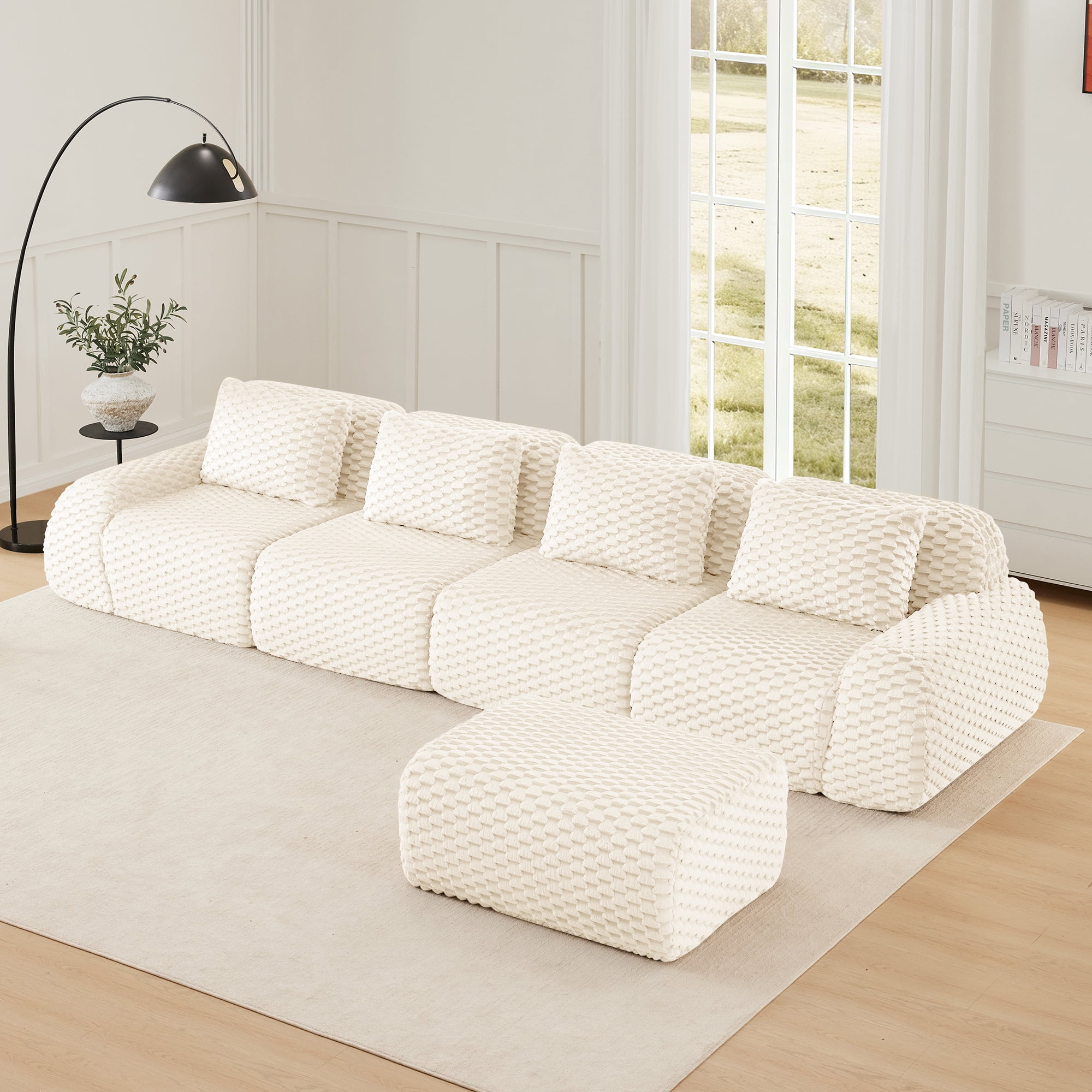 MAYEERTY 146" L-Shaped Modular Sofa, Textured Flannelette, Movable Ottoman, Pet-Friendly, No Assembly, Cream