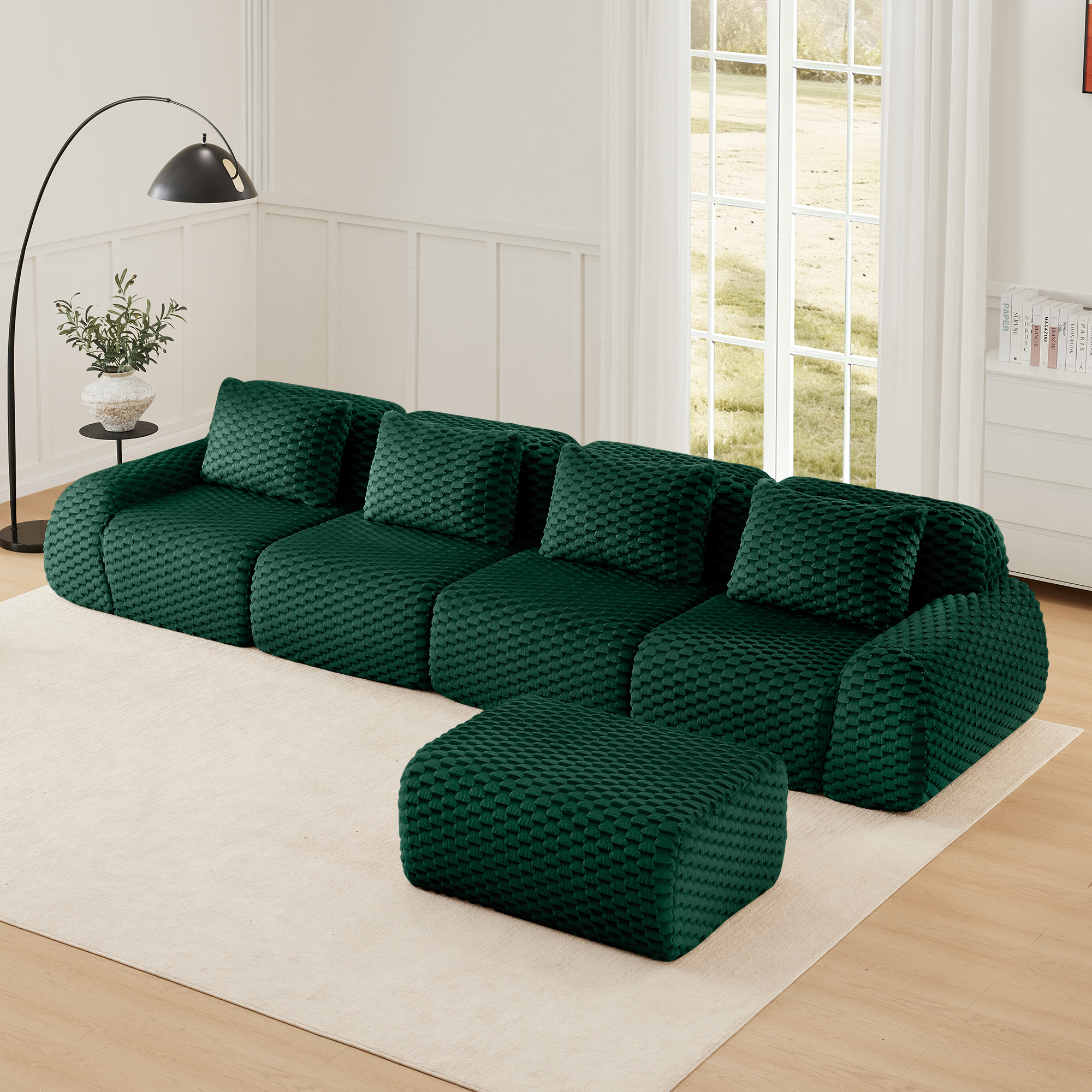 MAYEERTY 146" Modern L-Shaped Sofa, Textured Flannelette, Movable Ottoman, Cloud Comfort, No Assembly, Green