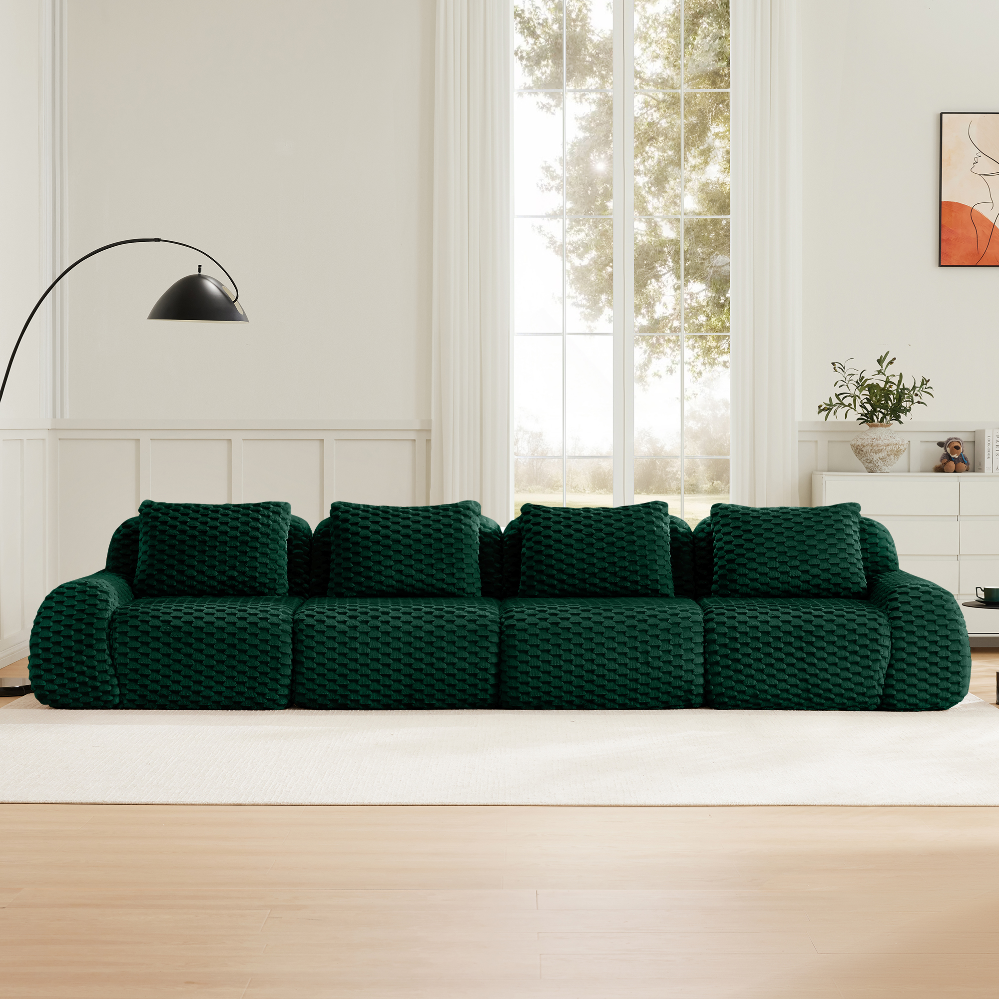 MAYEERTY 146" Modern Modular Sofa, Textured Flannelette, Cloud Comfort, Boneless, No Assembly, Green