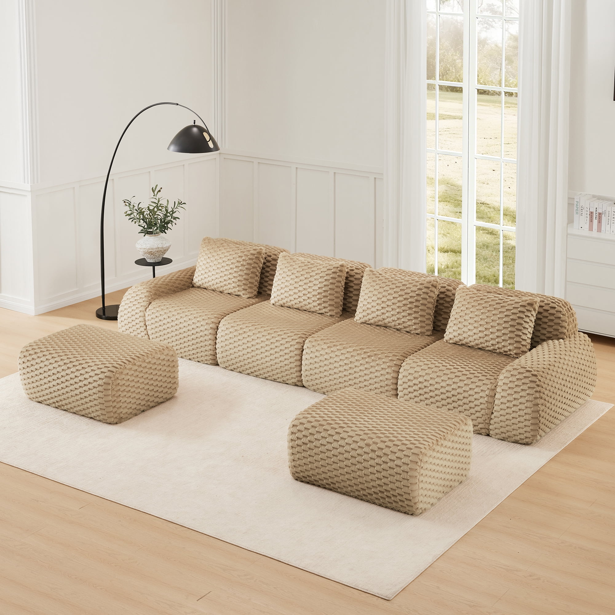 MAYEERTY 146" U-Shaped 4-Seater Modular Sofa, Textured Flannelette, Movable Ottoman, Boneless, No Assembly, Light Camel