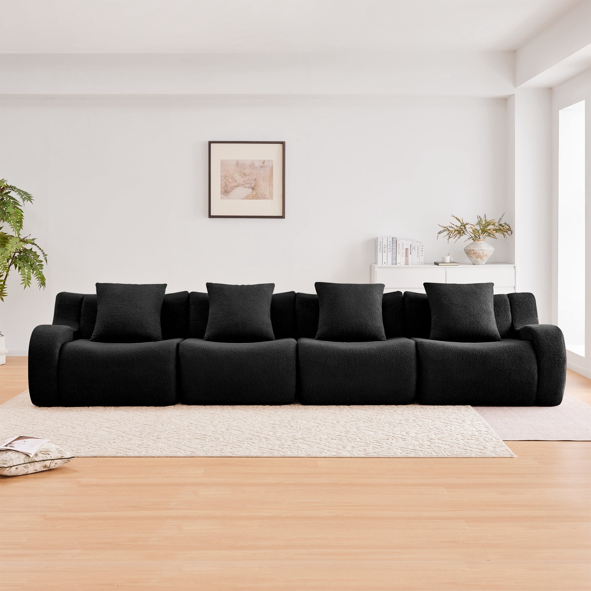 MAYEERTY 148" 4-Seat Teddy Fabric Boneless Sofa, Black 300lbs/seat 32D Foam No Assembly Curved Armrest Couch for Living Room Study