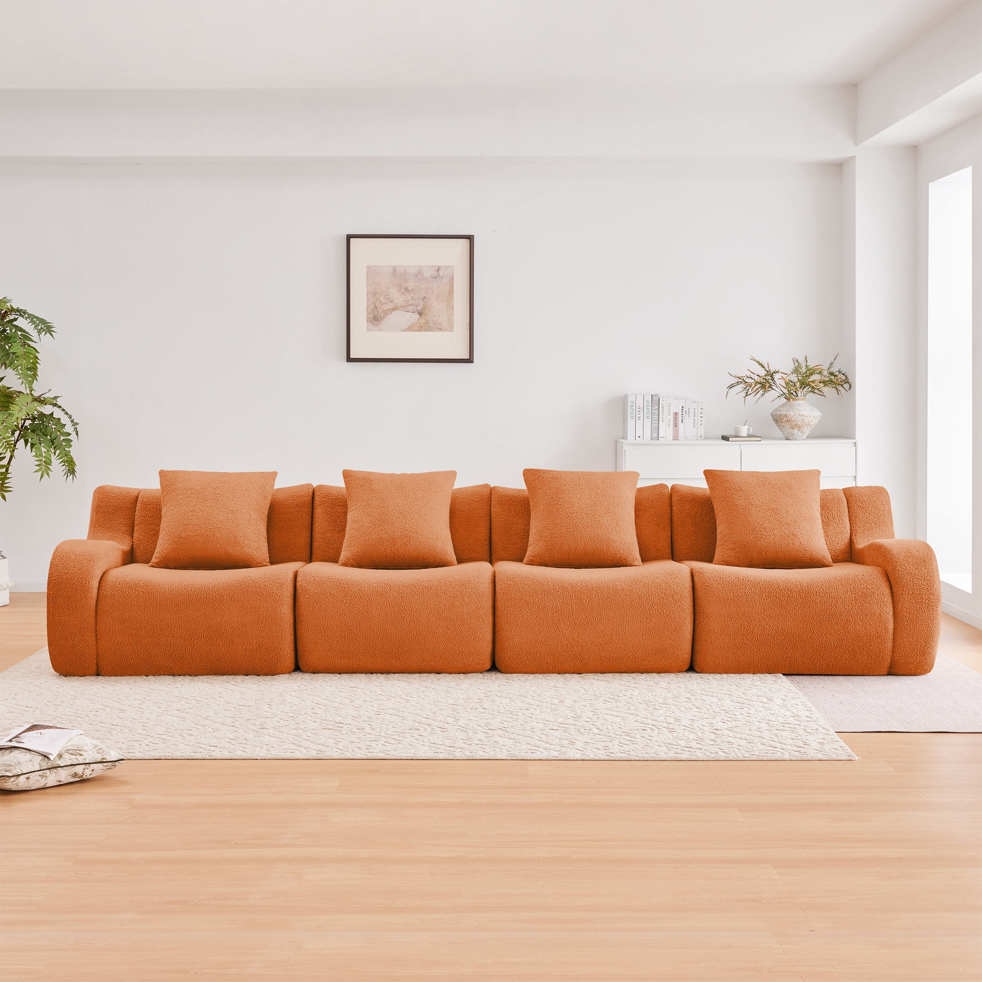 MAYEERTY 148" 4-Seat Teddy Fabric Boneless Sofa, Orange 300lbs/seat 32D Foam No Assembly Curved Armrest Couch for Living Room Study