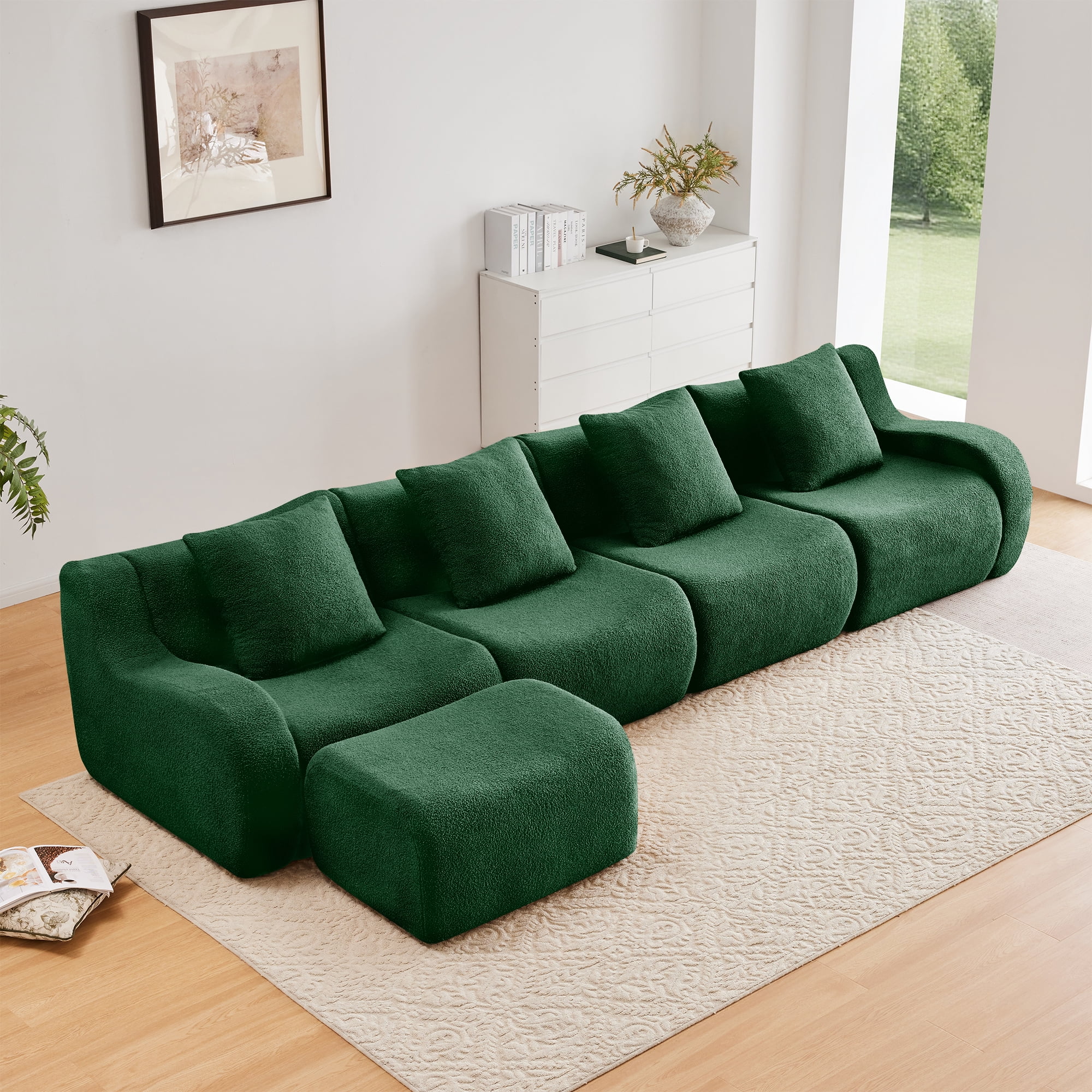 MAYEERTY 148" L-Shaped 4-Seat Teddy Fabric Boneless Sofa, Green 300lbs/seat 32D Foam No Assembly Couch with Chaise for Living Room Study