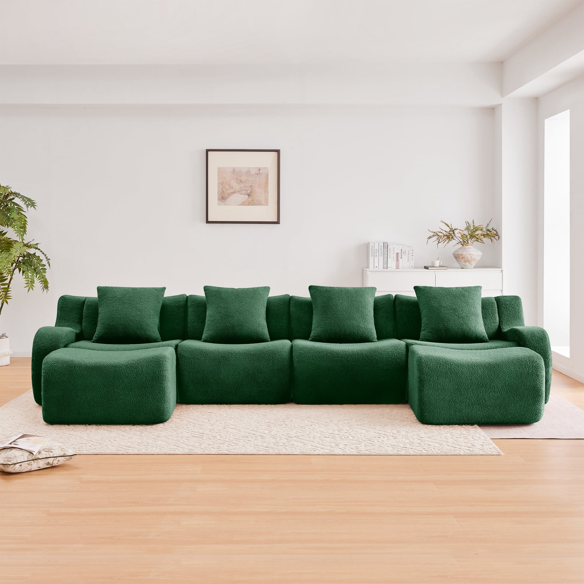 MAYEERTY 148" U-Shaped Teddy Fabric 4-Seat Boneless Sofa, Green 300lbs/seat 32D Foam No Assembly Couch with Chaise for Living Room Study