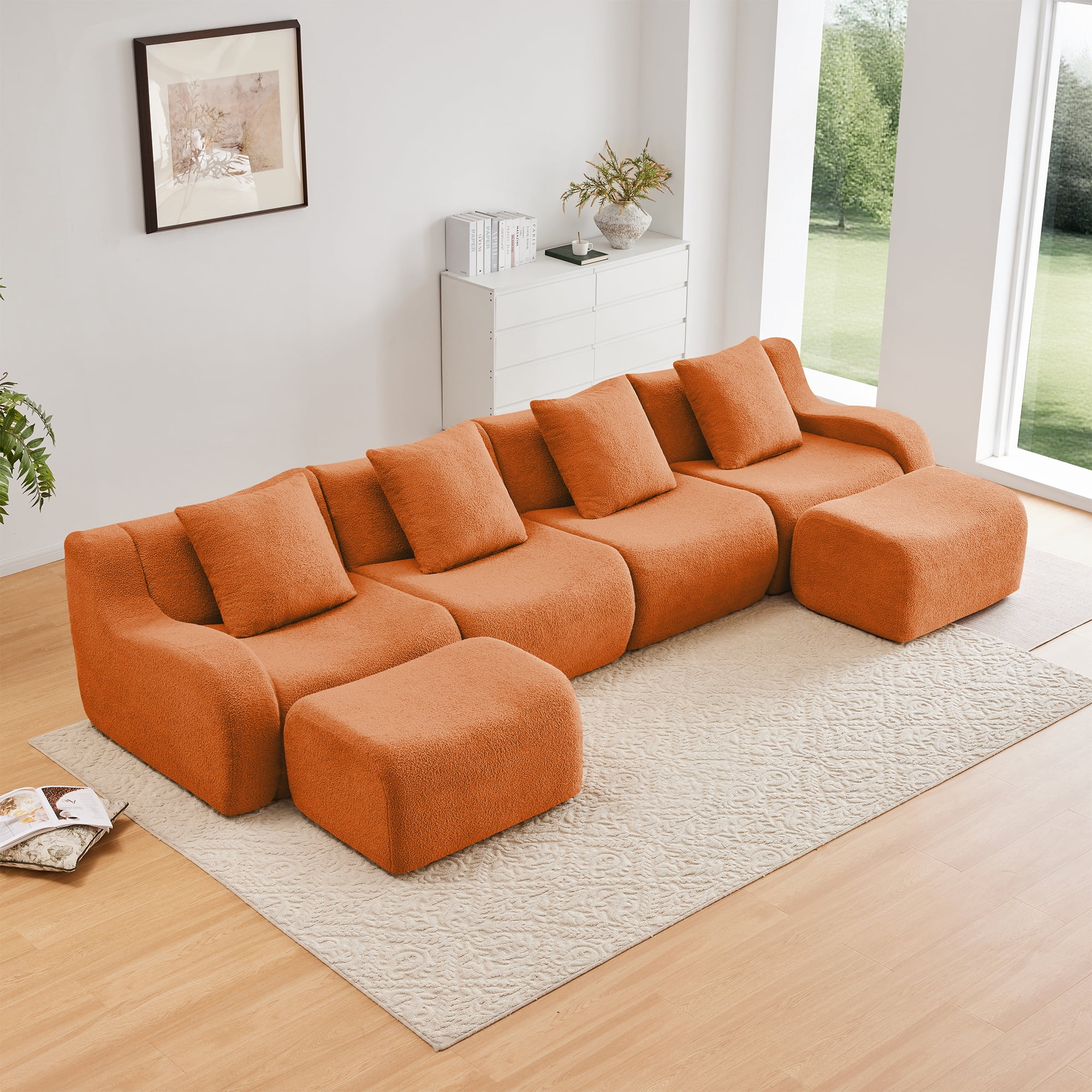 MAYEERTY 148" U-Shaped Teddy Fabric 4-Seat Boneless Sofa, Orange 300lbs/seat 32D Foam No Assembly Couch with Chaise for Living Room Study