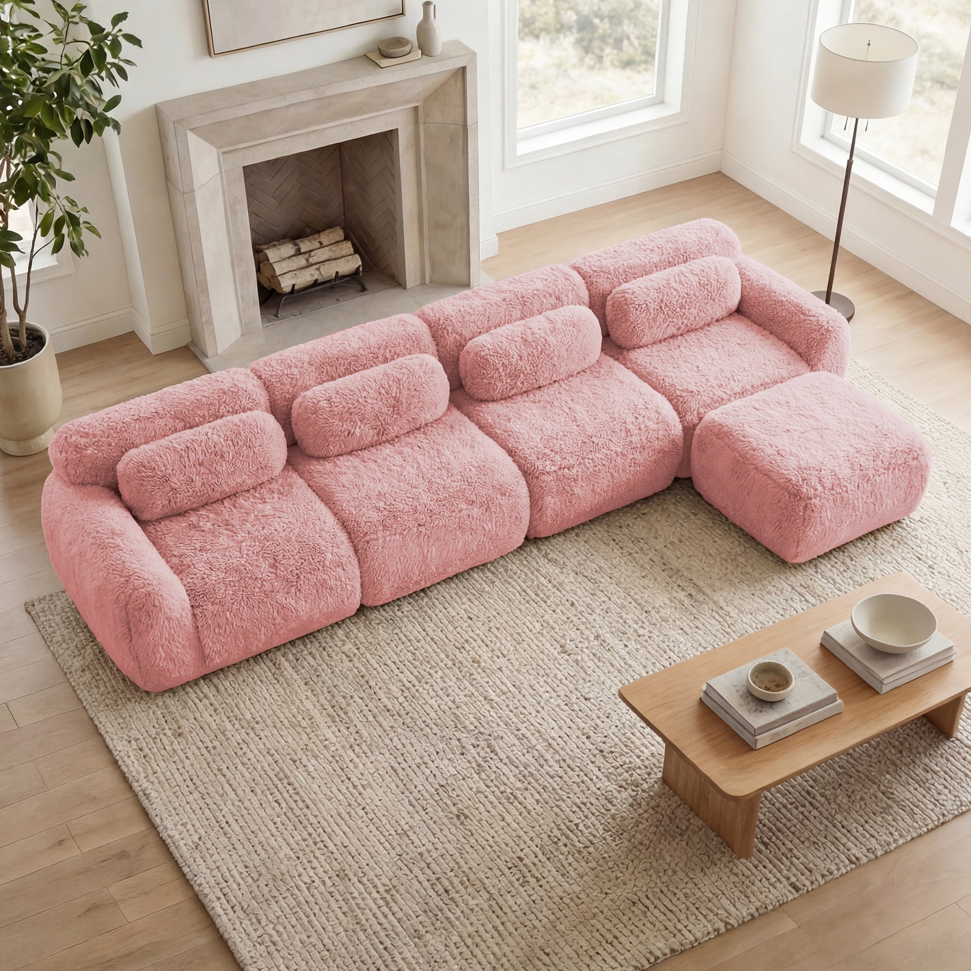 MAYEERTY 149" L-Shaped Plush Modular Sectional Couch, Pink 32D Foam, Non-Slip Base, Buckle Connection Free Combination No Assembly Sofa for Living Room