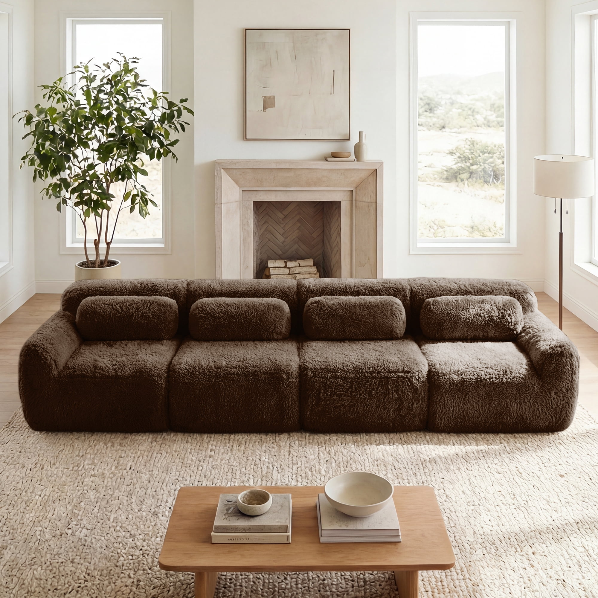 MAYEERTY 149" Plush Boneless Sofa, Chocolate 32D Foam Ergonomic Vacuum Compression Buckle Connection Free Combination Couch for Bedroom Study