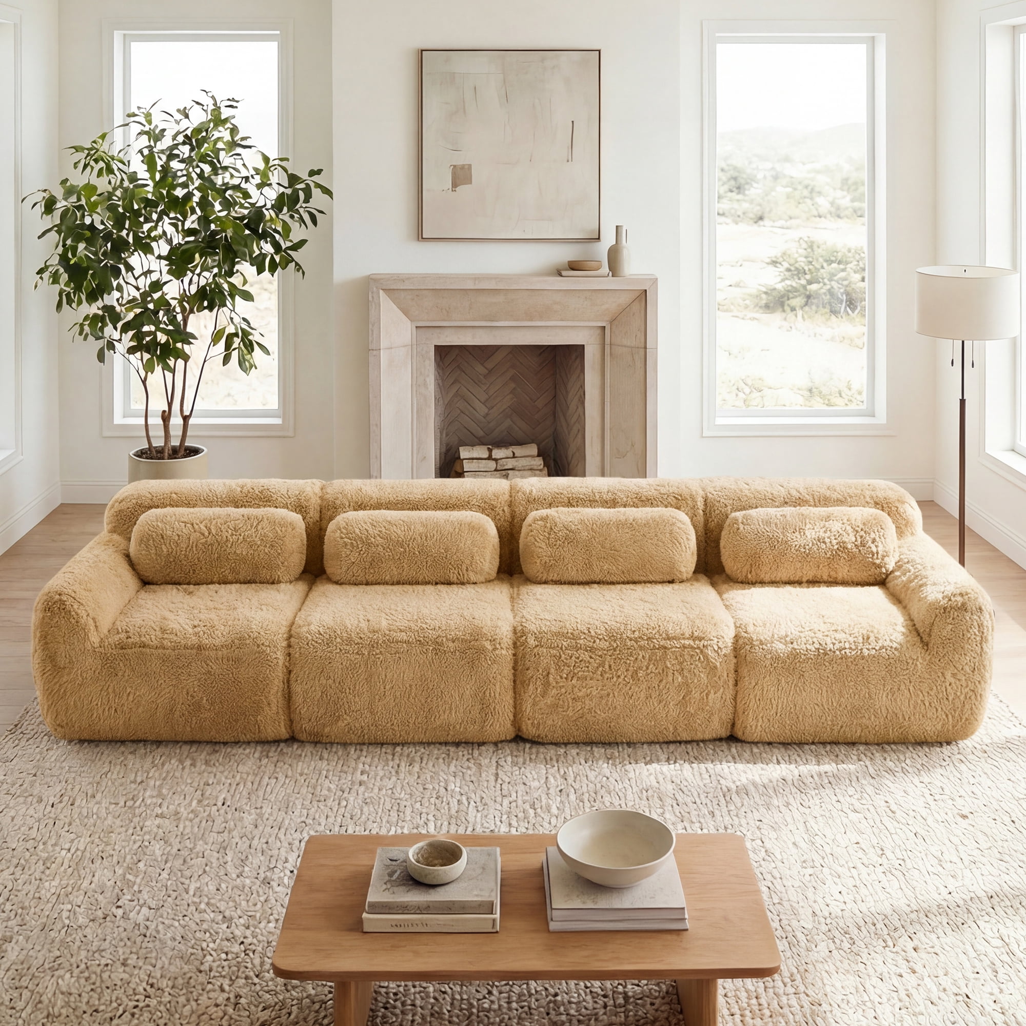 MAYEERTY 149" Plush Boneless Sofa, Khaki 32D Foam Ergonomic Vacuum Compression Buckle Connection Free Combination Couch for Bedroom Study