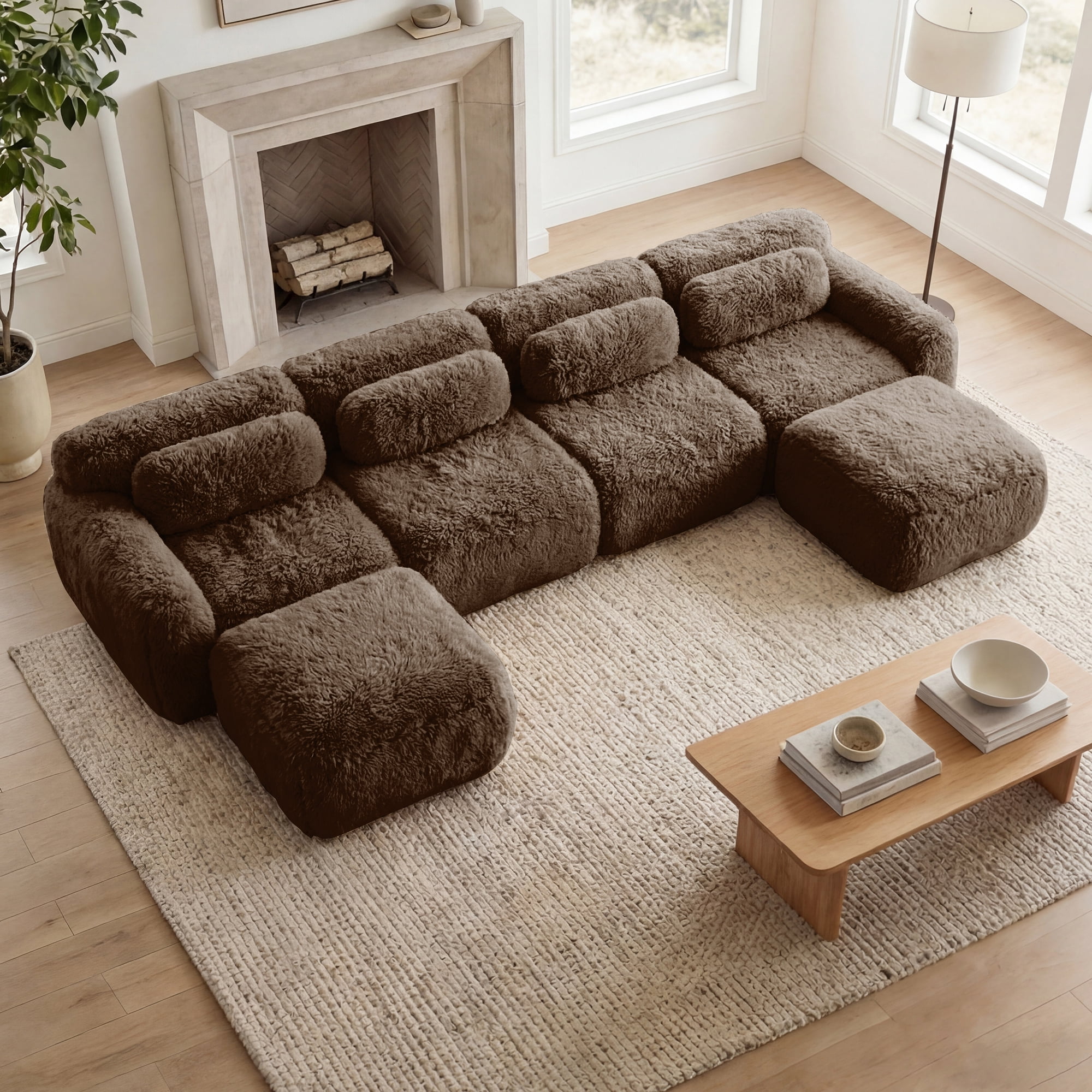 MAYEERTY 149" U-Shaped Boneless Sofa, Chocolate 32D High Density Foam Ergonomic Couch, Non-Slip Base Vacuum Compression Free Combination No Assembly Design for Living Room Study