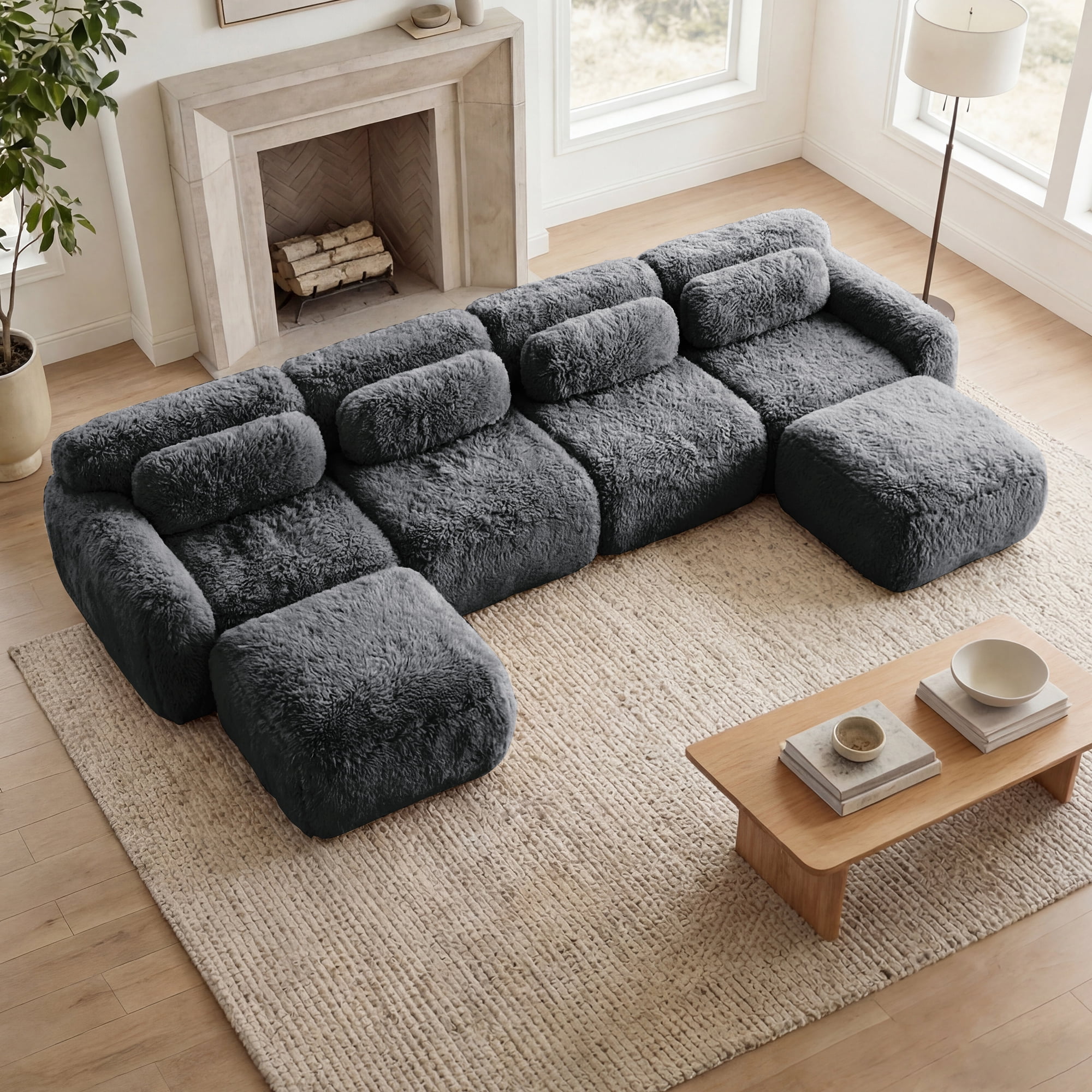 MAYEERTY 149" U-Shaped Boneless Sofa, Gray 32D High Density Foam Ergonomic Couch, Non-Slip Base Vacuum Compression Free Combination No Assembly Design for Living Room Study