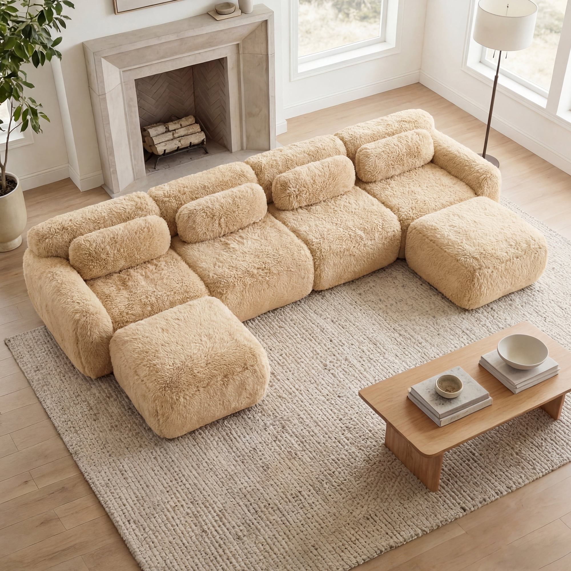 MAYEERTY 149" U-Shaped Boneless Sofa, Khaki 32D High Density Foam Ergonomic Couch, Non-Slip Base Vacuum Compression Free Combination No Assembly Design for Living Room Study