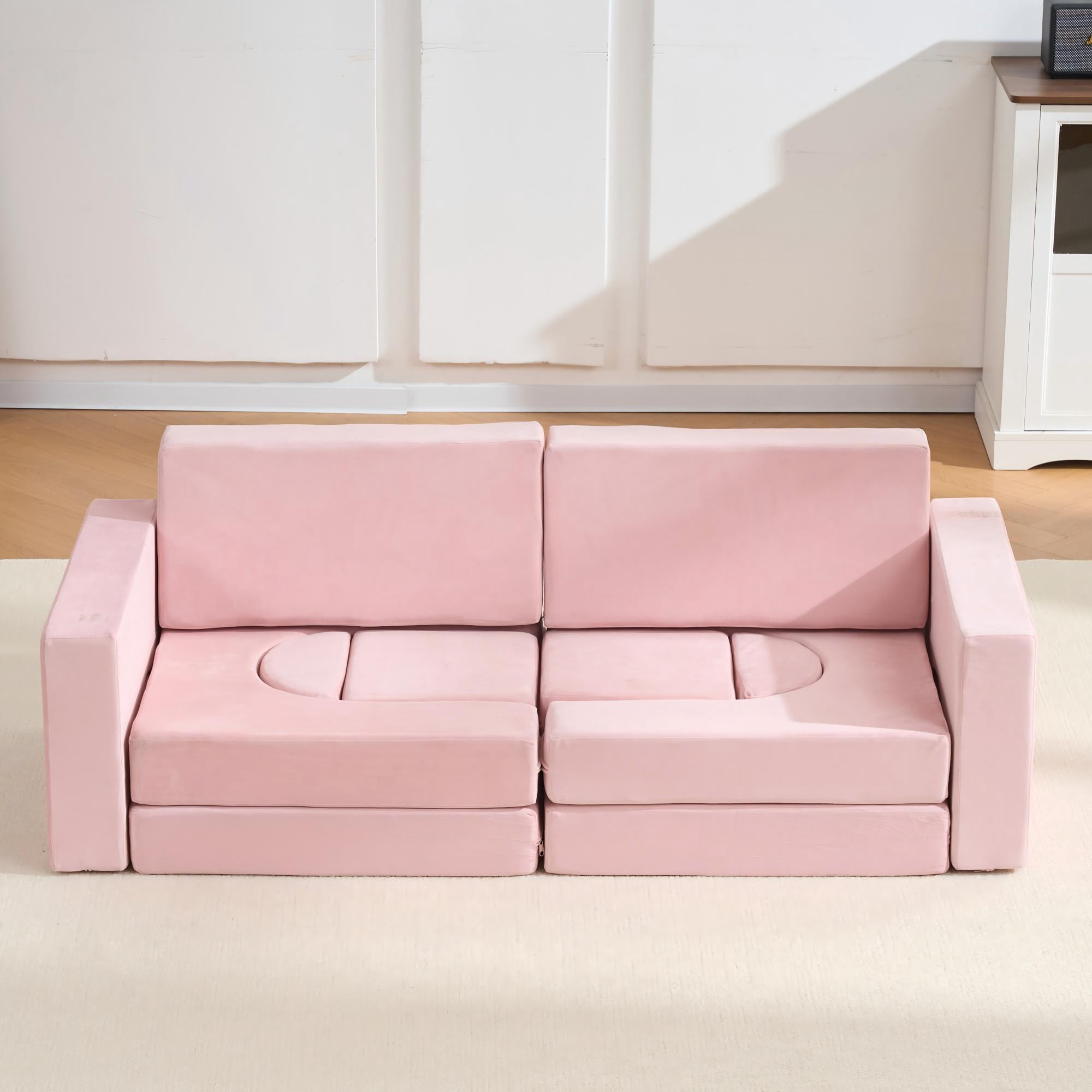 MAYEERTY 14PCS Modular Kids Play Couch, Convertible Foam Sectional Sofa, Washable Cover Toddler Building Blocks Playset for Playroom Bedroom, Pink