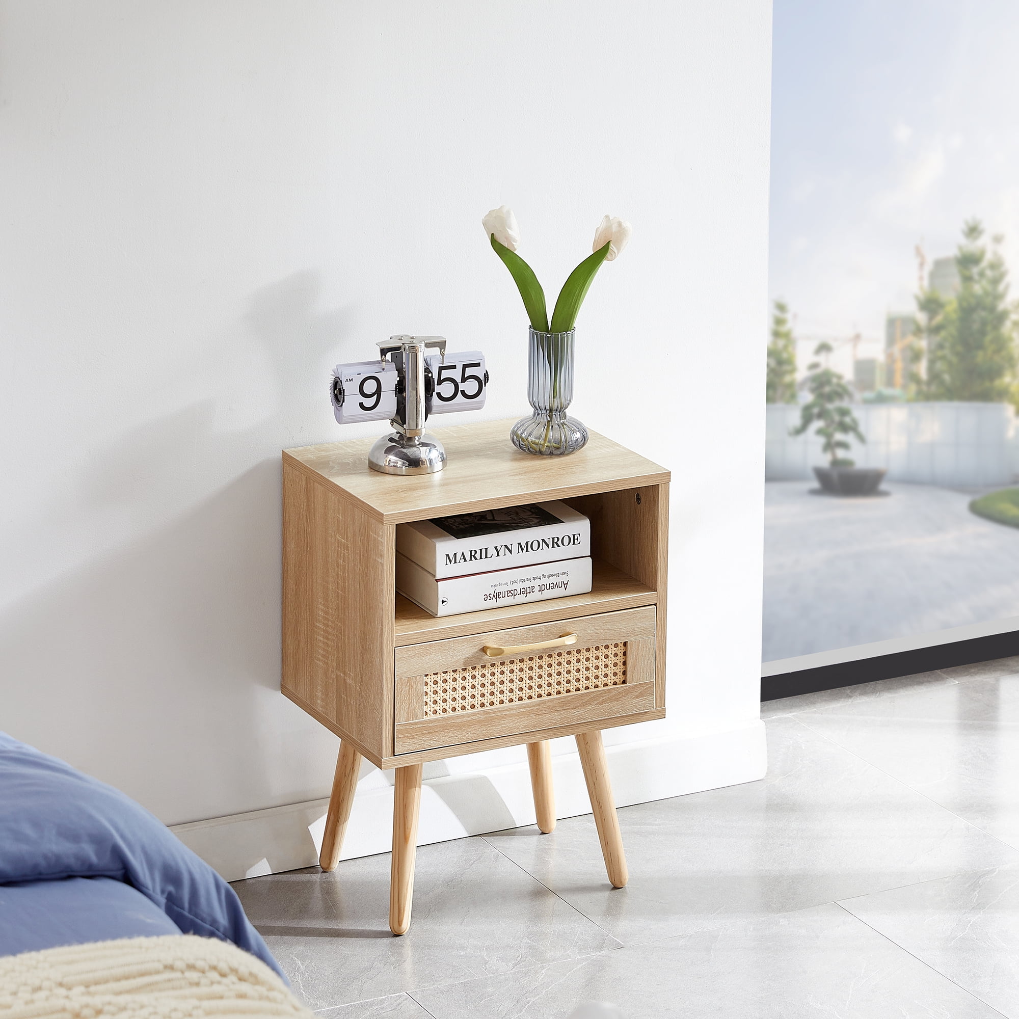 MAYEERTY 15.75" Rattan End Table with Drawer & Solid Wood Legs – Modern Nightstand for Living Room & Bedroom, Natural