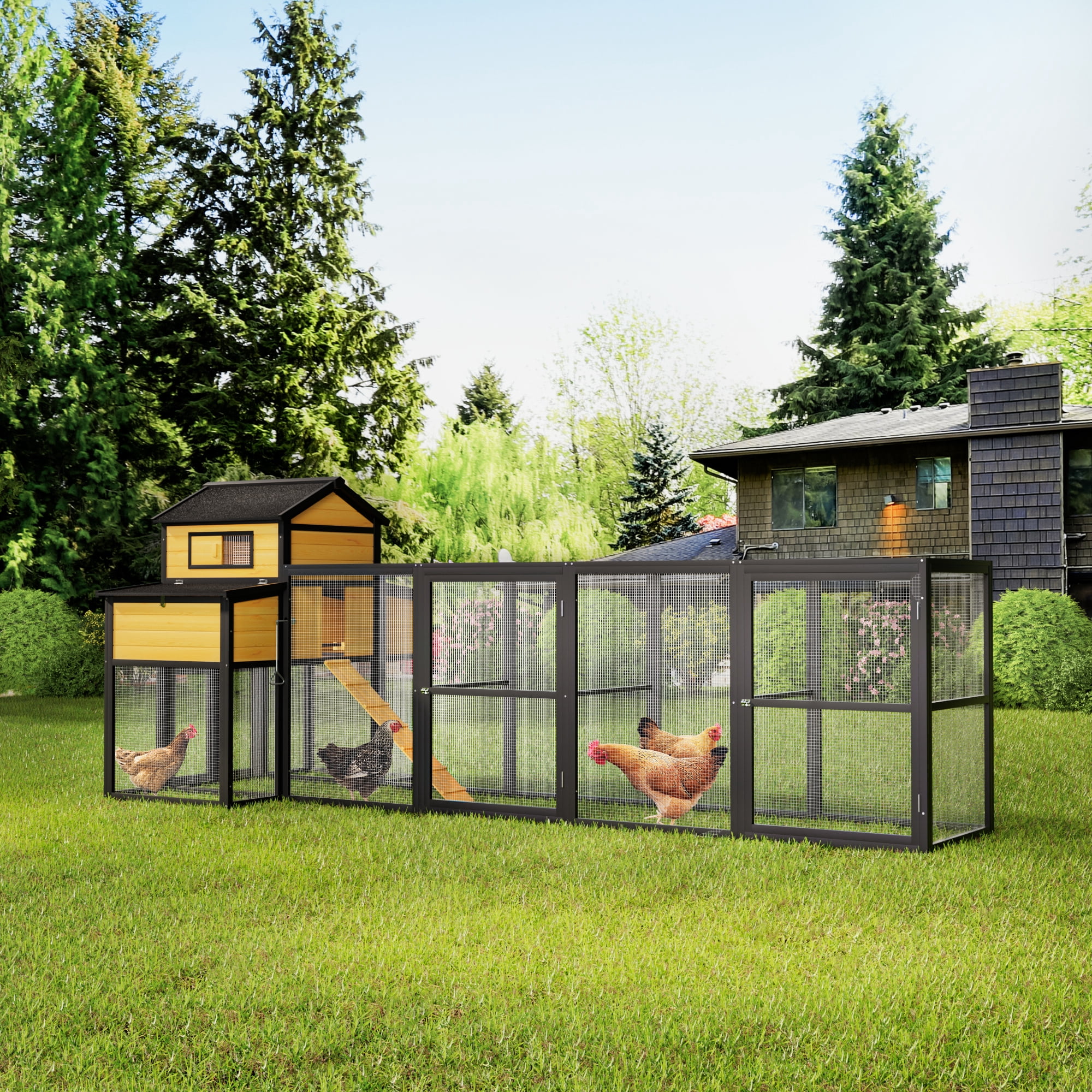 MAYEERTY 150" Black Large Wooden Chicken Coop with Run, Nesting Boxes Pull-Out Tray Sliding Door for 4-6 Chickens