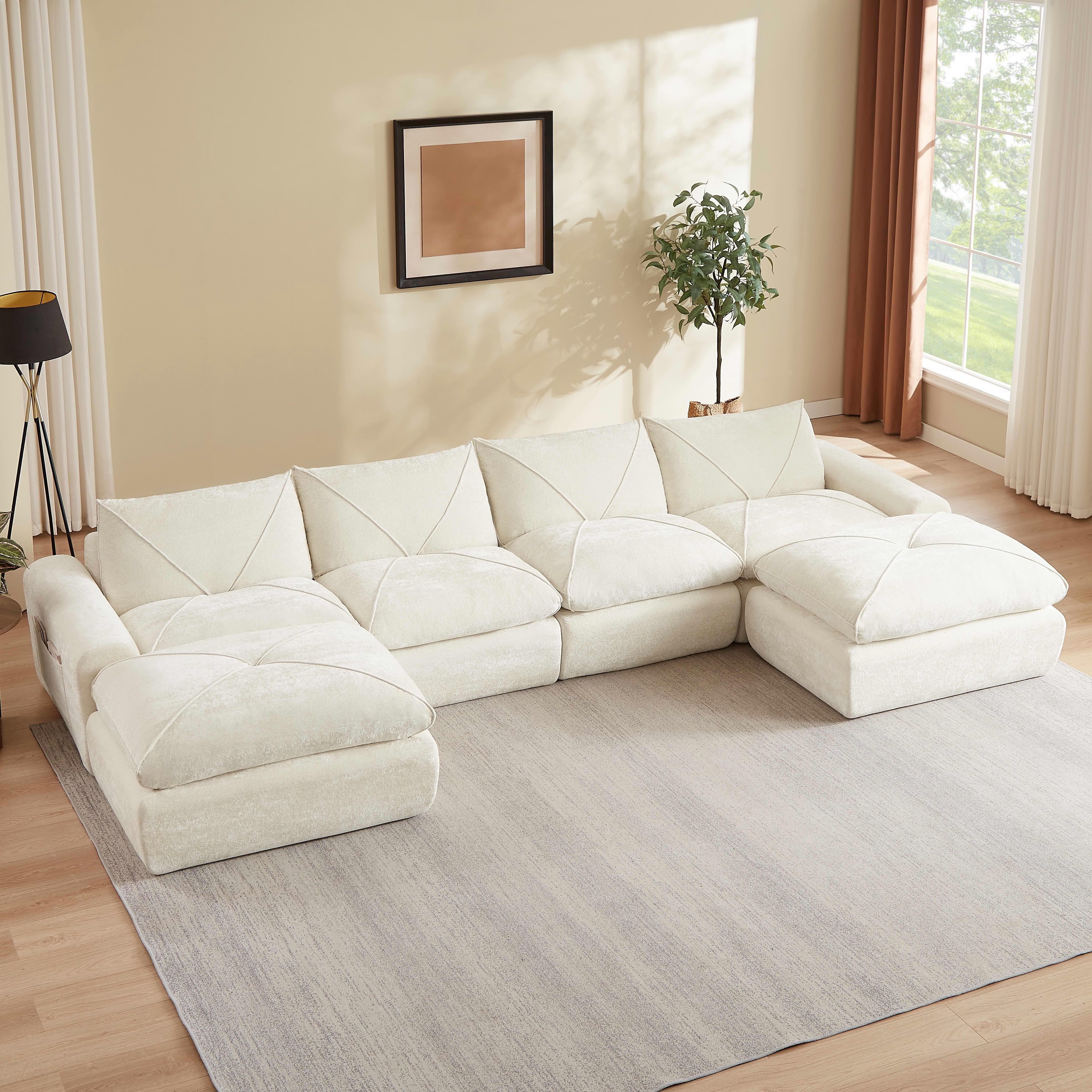 MAYEERTY 153" Cream Chenille Oversized U-Shaped Modular Sectional Sofa, 300lbs Spring Support for Living Room
