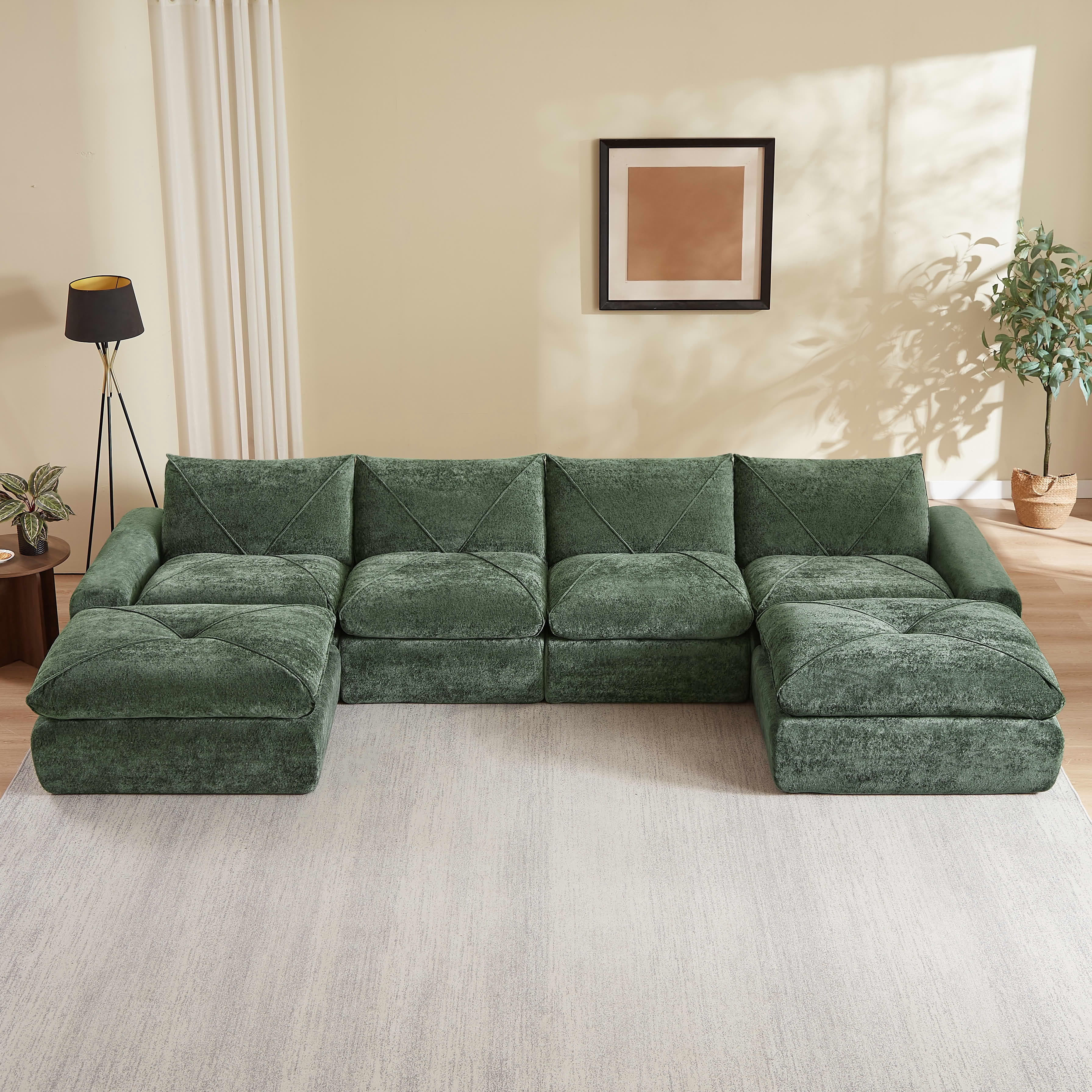 MAYEERTY 153" Green Chenille Oversized U-Shaped Modular Sectional Sofa, 300lbs Spring Support for Living Room