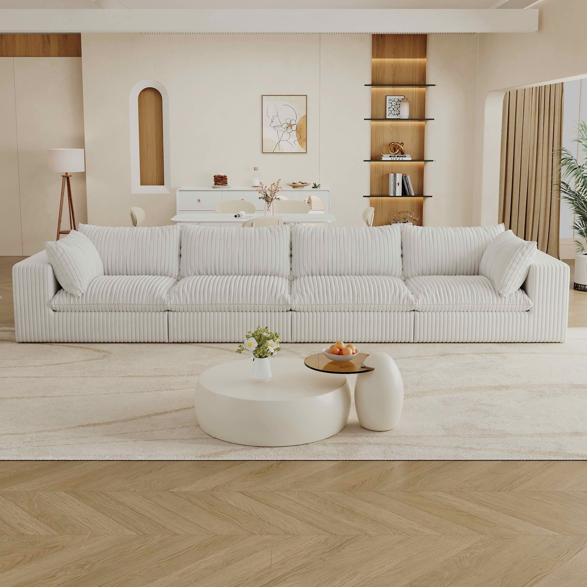 MAYEERTY 157.6" Cloud Corduroy Sofa, Deep Seat Double-Layer Design, Removable Cushion No Assembly, DIY Combination, White