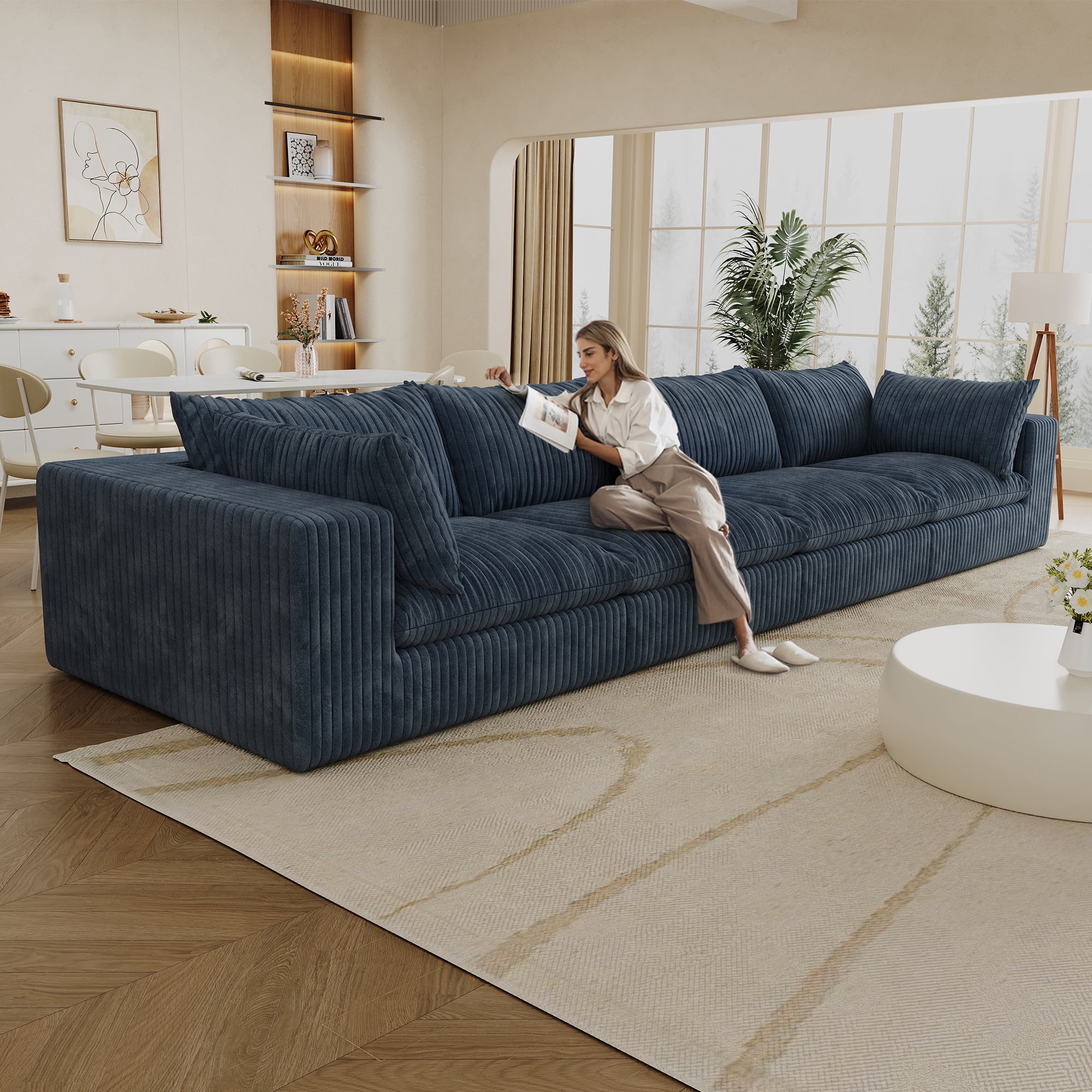 MAYEERTY 157.6" Cloud Sofa Blue Corduroy Deep Seat Double-Layer Removable Cushion No Assembly Multi-Rooms
