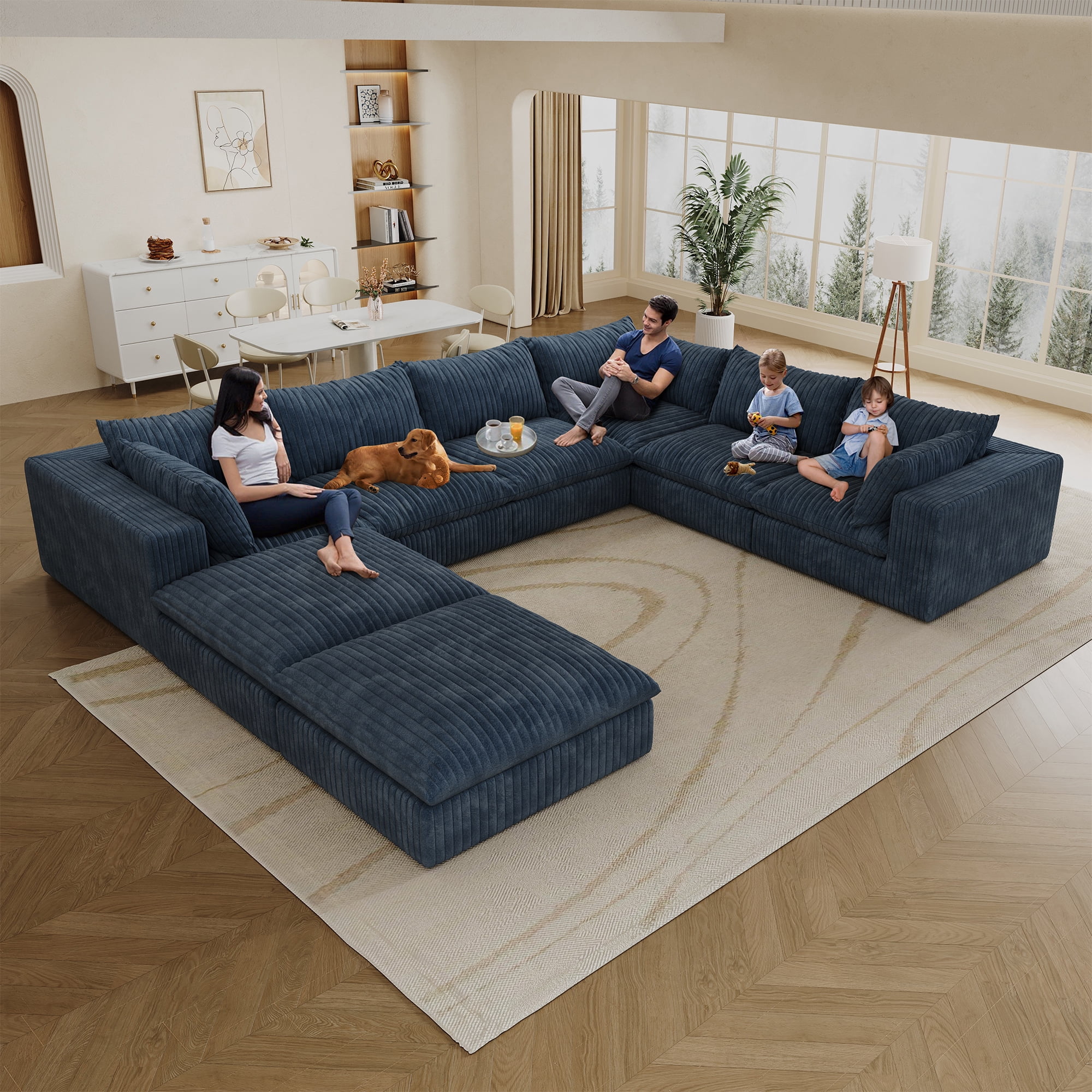 MAYEERTY 157.6" Cloud Sofa Blue Corduroy Deep Seat Double-Layer Removable Cushion No Assembly Multi-Rooms