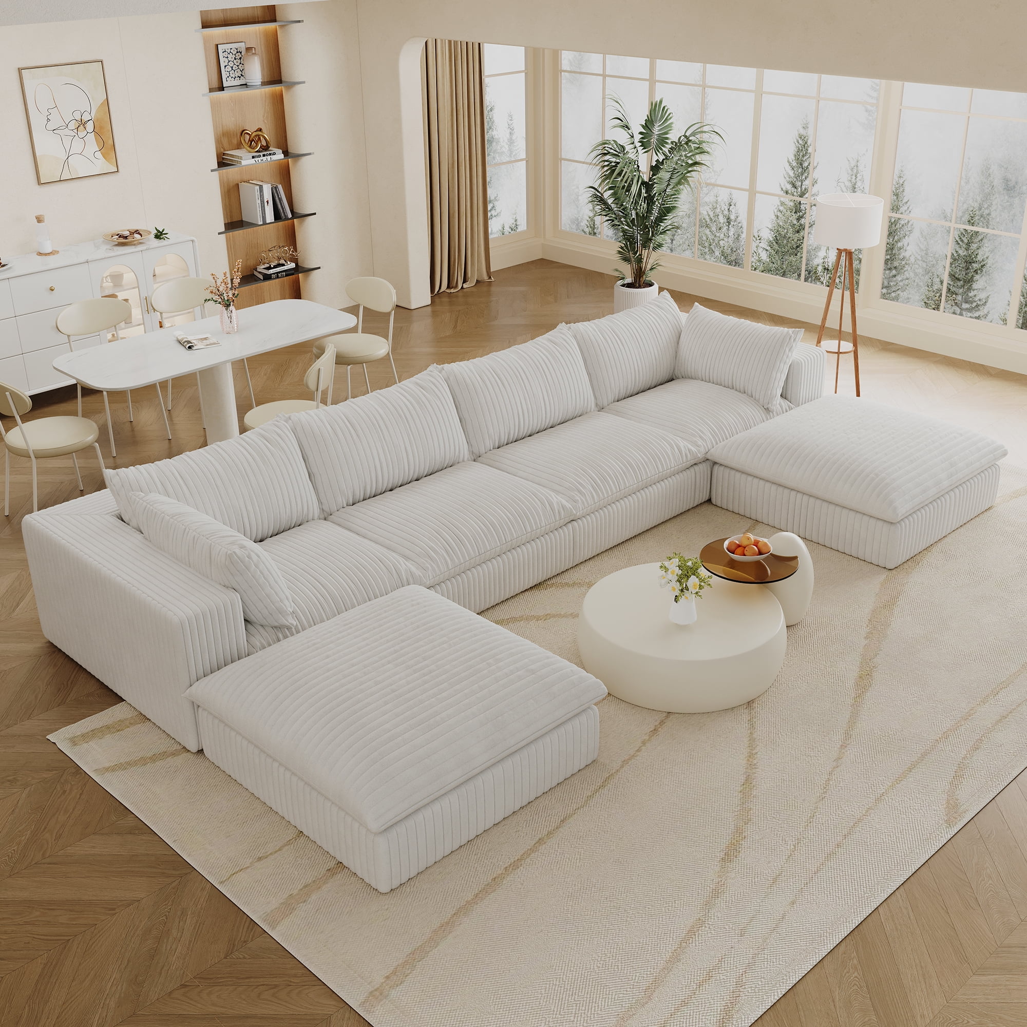 MAYEERTY 157.6" Cloud Sofa White Corduroy Deep Seat Double-Layer Removable Cushion No Assembly Multi-Rooms